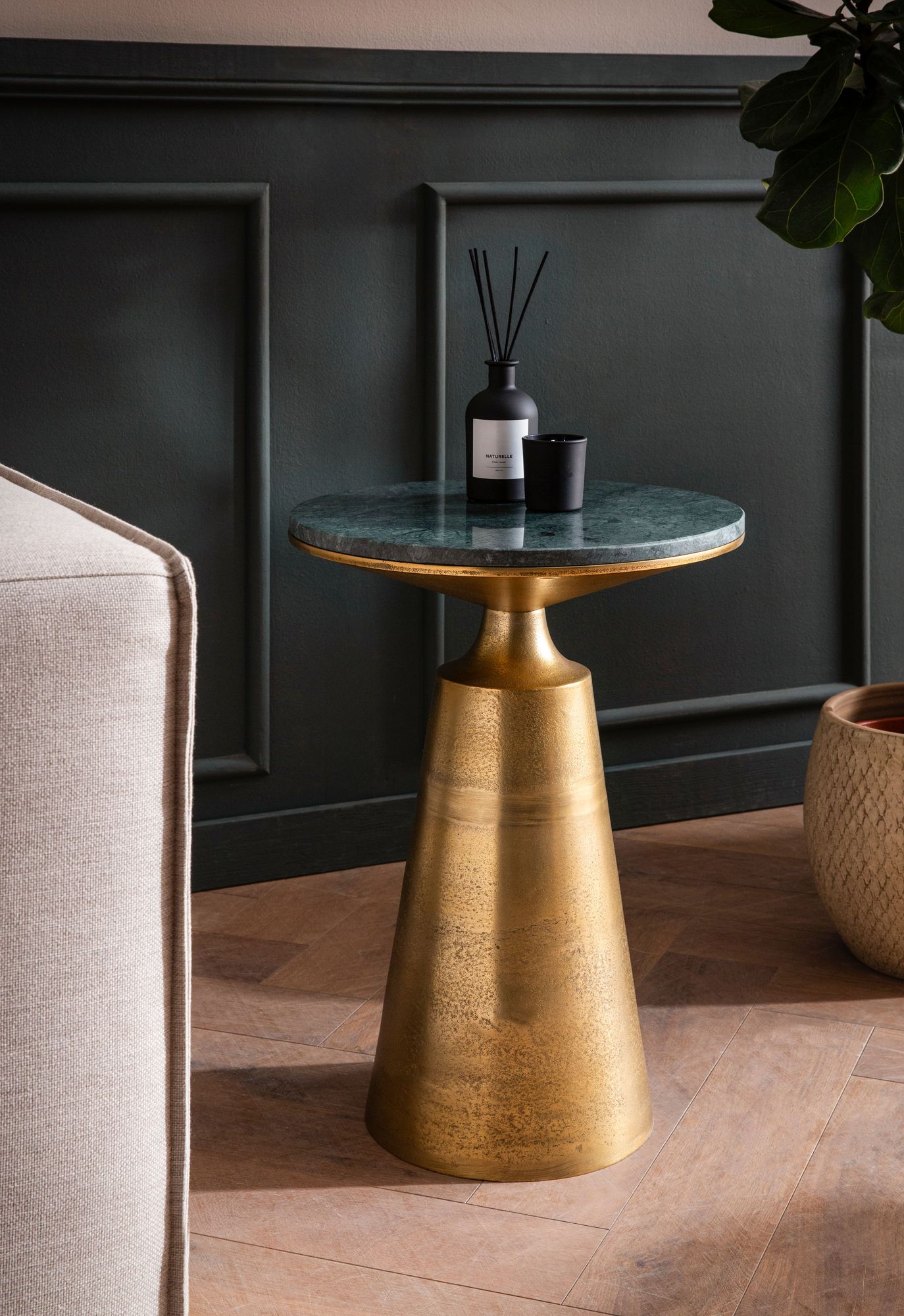 FineBuy Beistelltisch Echter Marmor Metall 40x40x56,5 cm Anstelltisch Grün Gold, Kleiner Abstelltisch Rund, Wohnzimmertisch Couch Modern, Marmortisch Hoch | Farbe: Gold