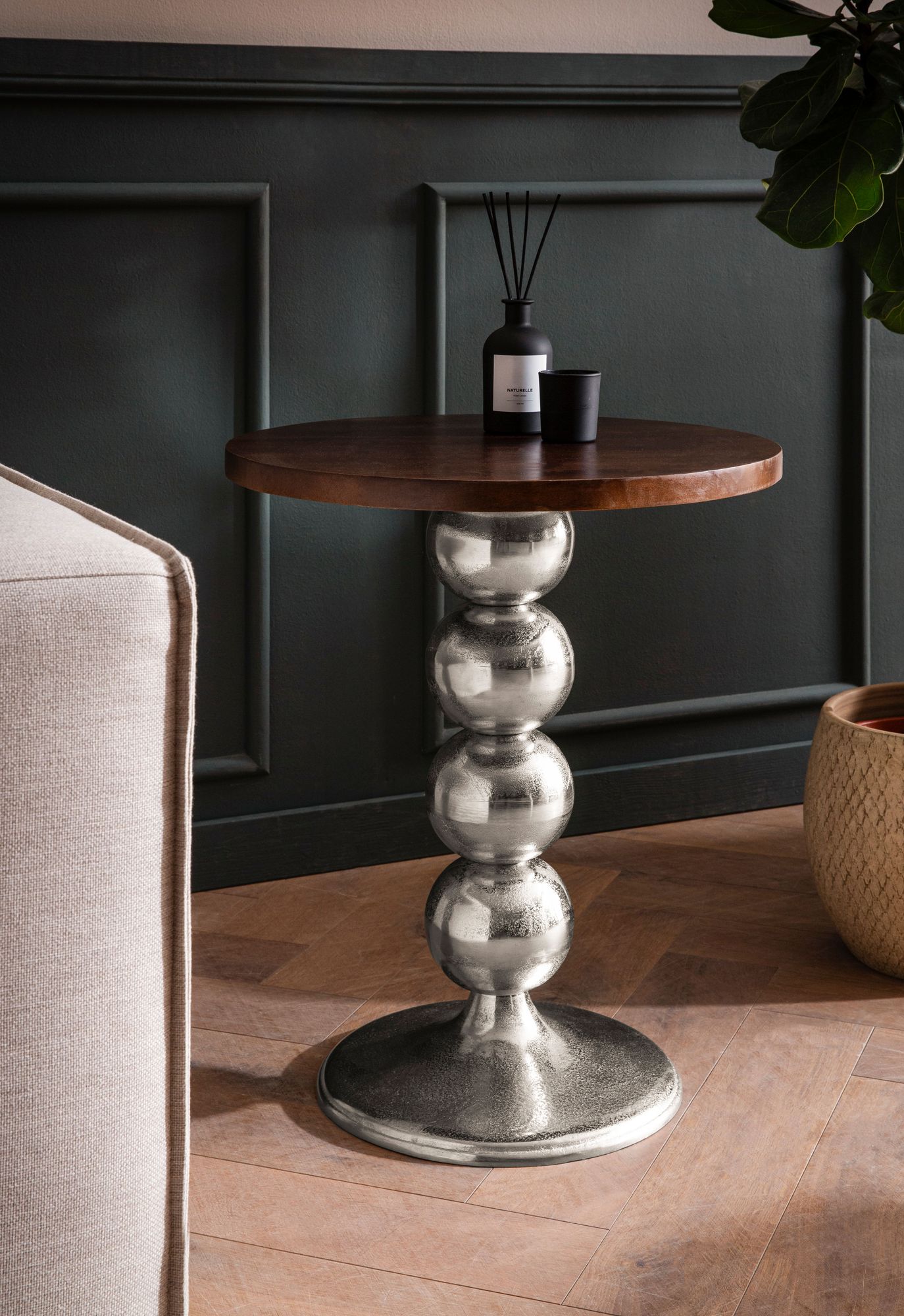 FineBuy Beistelltisch Mango Massivholz Metall 50x50x61,5 cm Anstelltisch, Kleiner Abstelltisch Rund, Wohnzimmertisch Couch Modern, Sofatisch Hoch | Farbe: Silber