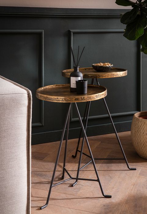 FineBuy Beistelltisch 2er Set Metall Gold / Schwarz Design Satztisch Rund, Wohnzimmertisch Anstelltisch Modern, Sofatisch Dekotisch 2-teilig, Blumentisch Wohnzimmer