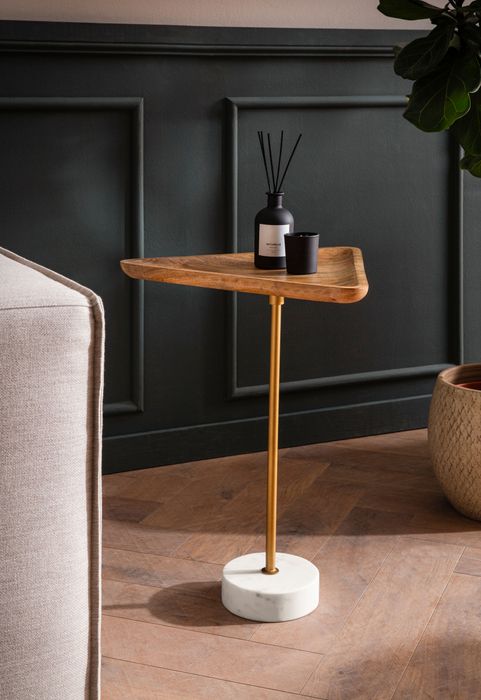 FineBuy Beistelltisch Mango Massivholz Echter Marmor 45x40x55 cm Anstelltisch, Kleiner Abstelltisch Dreieckig, Wohnzimmertisch Couch Modern, Sofatisch Hoch