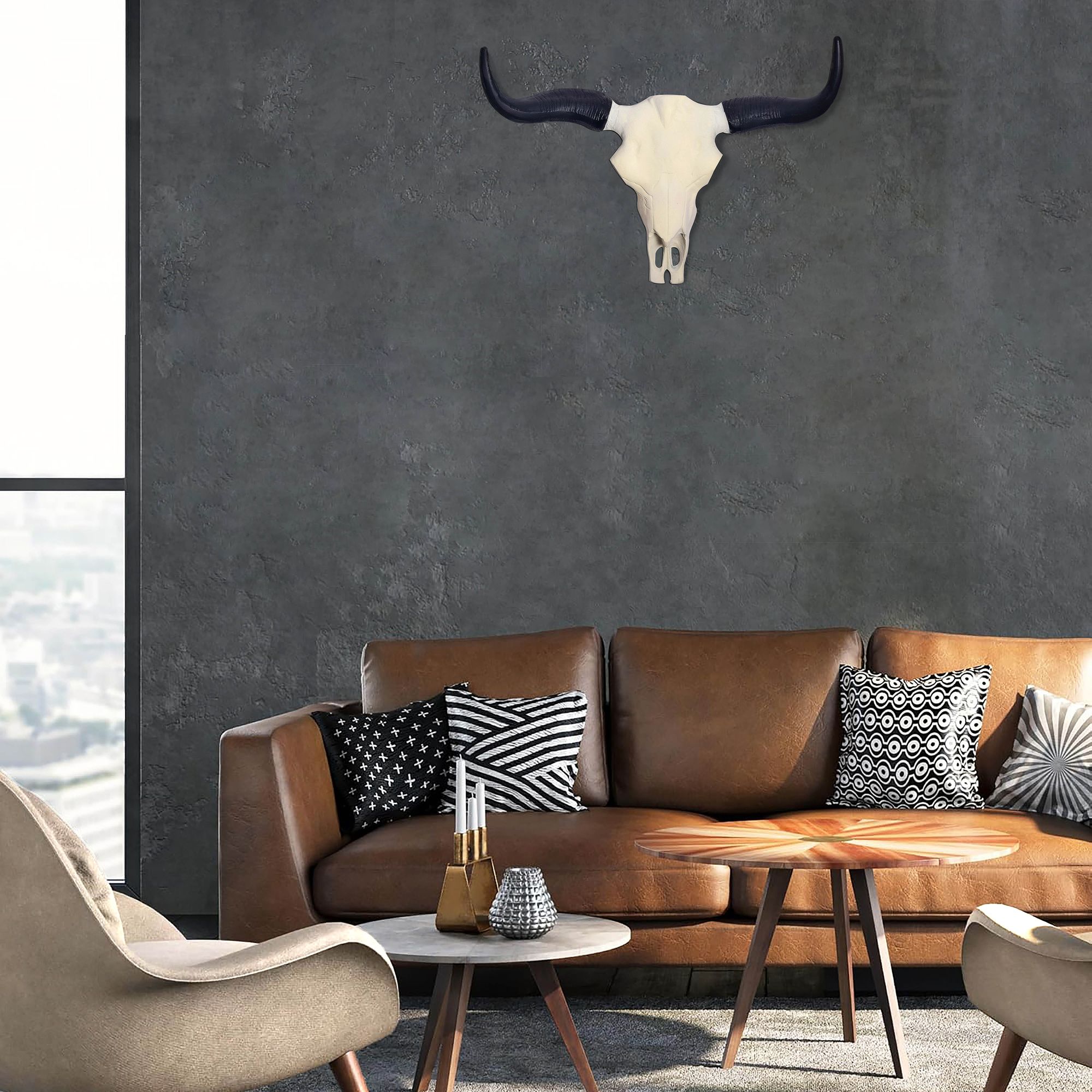 FineBuy Deko Geweih Büffel-Schädel Weiß 55,5 cm Aluminium Design Stierkopf, Wanddekoration Horn Modern, Wandskulptur mit Hörner, Geweih-Jagdtrophäe Metall, Wandschmuck Groß | Farbe: Weiß