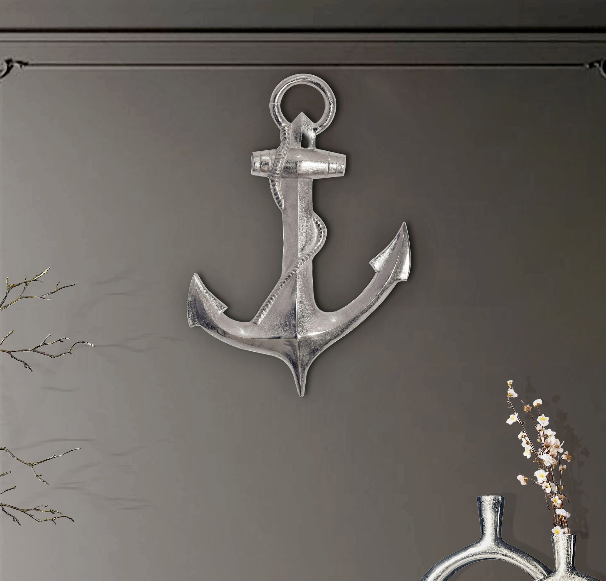 FineBuy Deko Anker 70 cm Silber Große Aluminium-Figur Wohndeko Maritim, Design Wanddekoration Metall, Dekoration für Zuhause, XXL Wandschmuck, Wanddeko Modern | Farbe: Silber