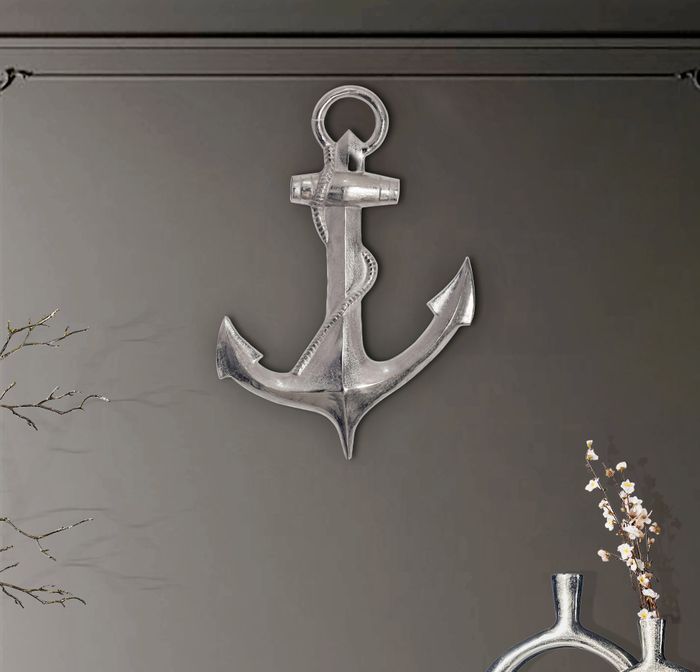 FineBuy Deko Anker 70 cm Silber Große Aluminium-Figur Wohndeko Maritim, Design Wanddekoration Metall, Dekoration für Zuhause, XXL Wandschmuck, Wanddeko Modern