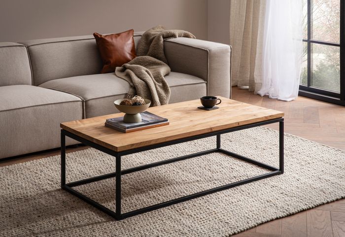 FineBuy Couchtisch 120x60x40 cm Akazie Massivholz Metall Sofatisch Rechteckig, Design Wohnzimmertisch mit natürlicher Holzmaserung, Kaffeetisch Wohnzimmer Modern
