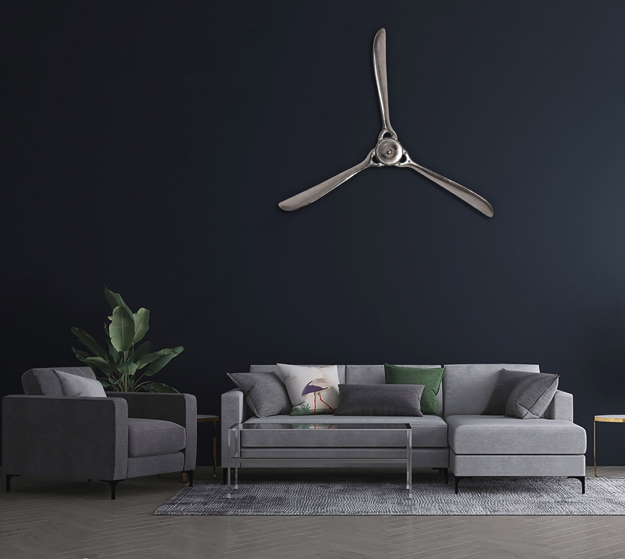 FineBuy Deko Propeller 85x85 cm Metall Flugzeug Wandpropeller, Wohndeko Große Aluminium-Figur, Wanddekoration Dekoration für Zuhause, XXL Wandschmuck, Wanddeko Modern | Farbe: Silber