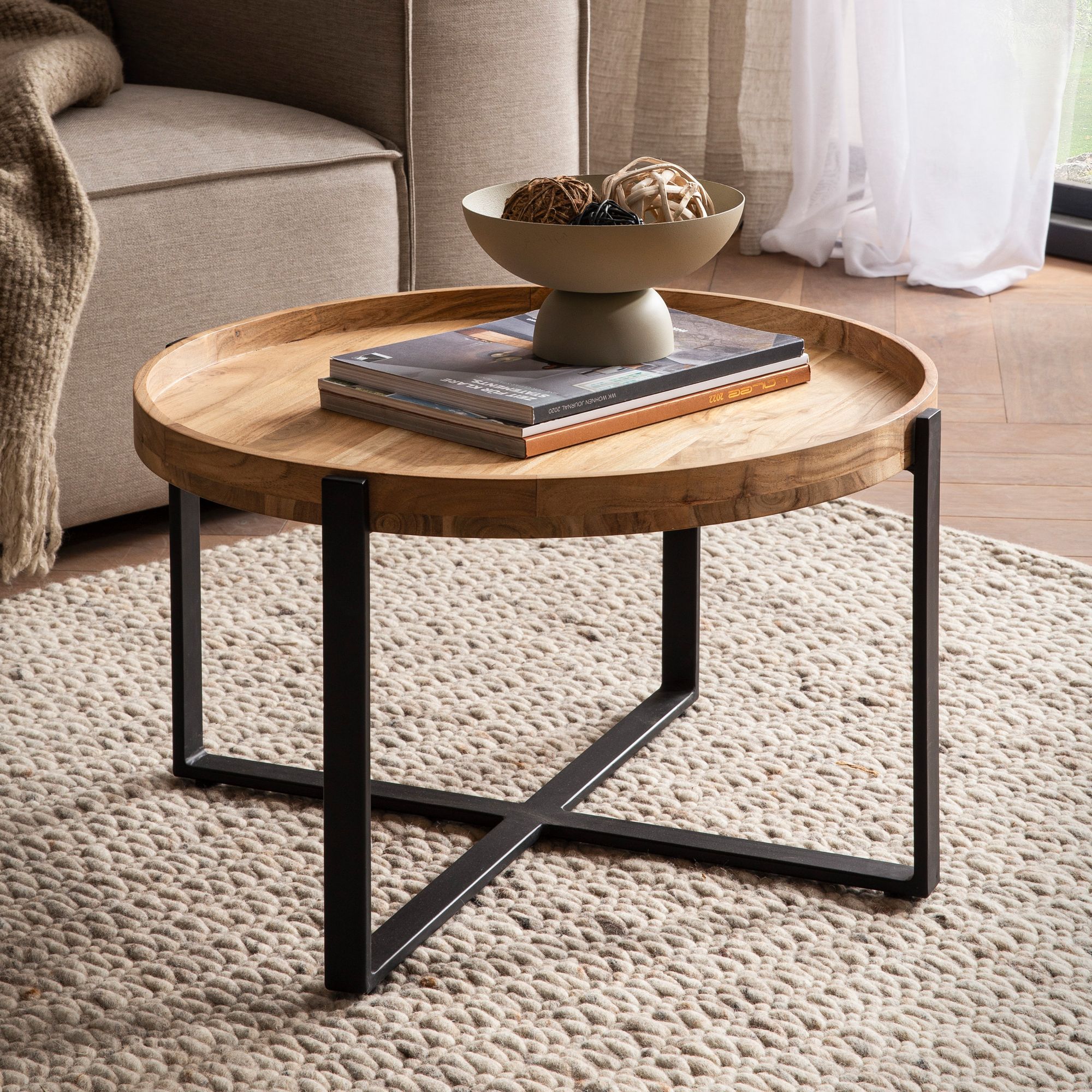 FineBuy Couchtisch 60x60x36 cm Akazie Massivholz Metall Hellbraun Sofatisch Rund, Design Wohnzimmertisch mit erhöhtem Rand, Industrial Kaffeetisch Wohnzimmer Modern | Farbe: Braun FineBuy Couchtisch 60x60x36 cm Akazie Massivholz Metall Hellbraun Sofatisch Rund, Design Wohnzimmertisch mit erhöhtem Rand, Industrial Kaffeetisch Wohnzimmer Modern | Farbe: Braun