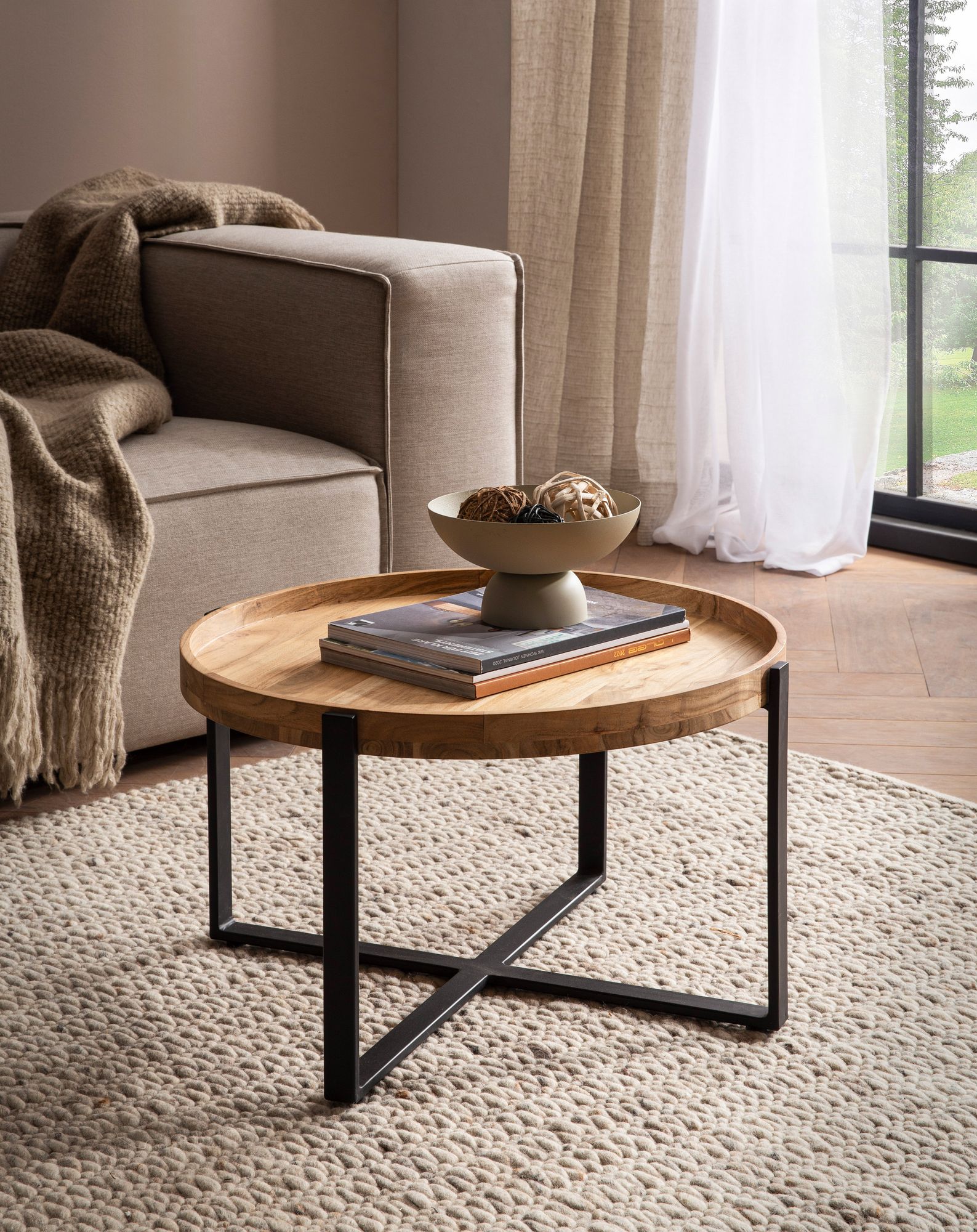 FineBuy Couchtisch 60x60x36 cm Akazie Massivholz Metall Hellbraun Sofatisch Rund, Design Wohnzimmertisch mit erhöhtem Rand, Industrial Kaffeetisch Wohnzimmer Modern | Farbe: Braun FineBuy Couchtisch 60x60x36 cm Akazie Massivholz Metall Hellbraun Sofatisch Rund, Design Wohnzimmertisch mit erhöhtem Rand, Industrial Kaffeetisch Wohnzimmer Modern | Farbe: Braun