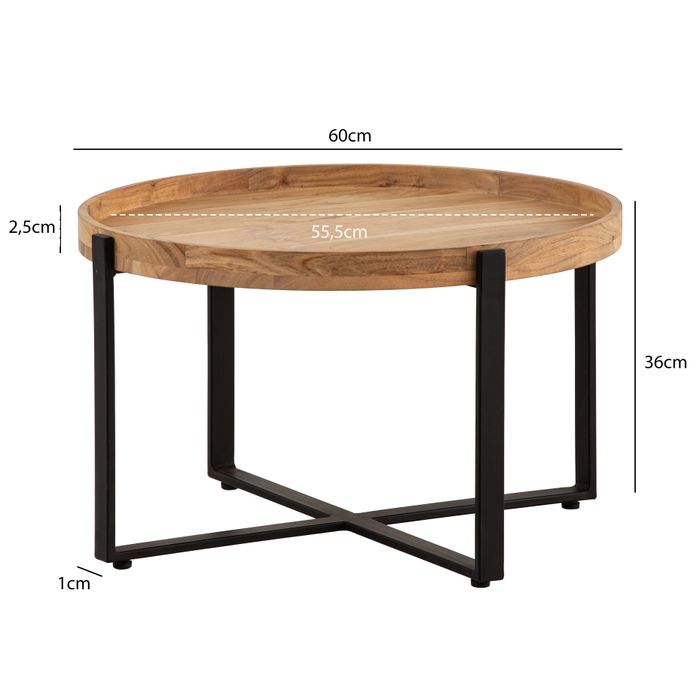 FineBuy Couchtisch Akazie Massivholz rund 60cm Wohnzimmertisch Kreuzgestell – Maßzeichnung