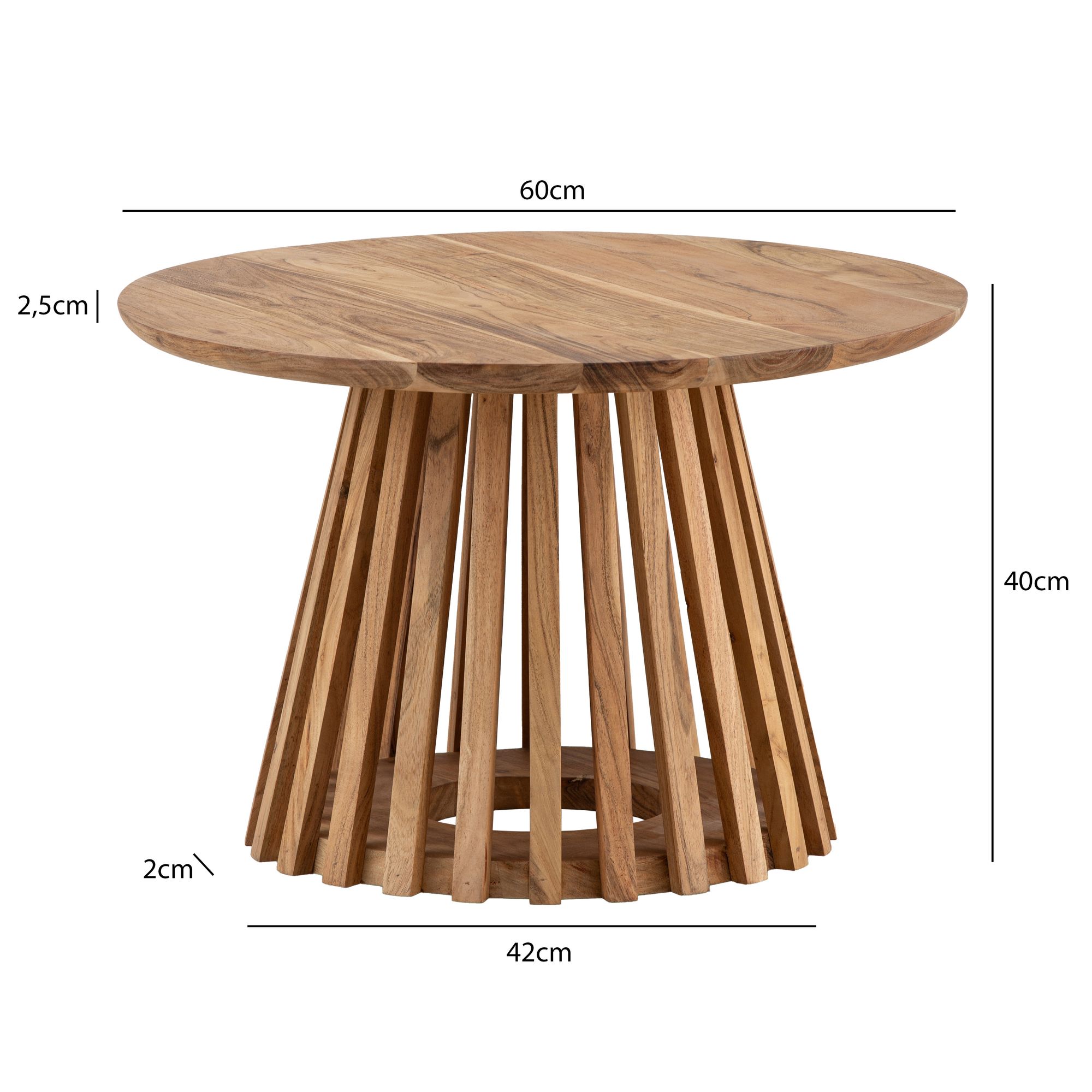 FineBuy Couchtisch Akazie Massivholz rund 60 cm · Wohnzimmertisch mit Lamellenfuß im modernen Design · Handgefertigt · Stabiler Holztisch mit einzigartiger Form | Farbe: Braun