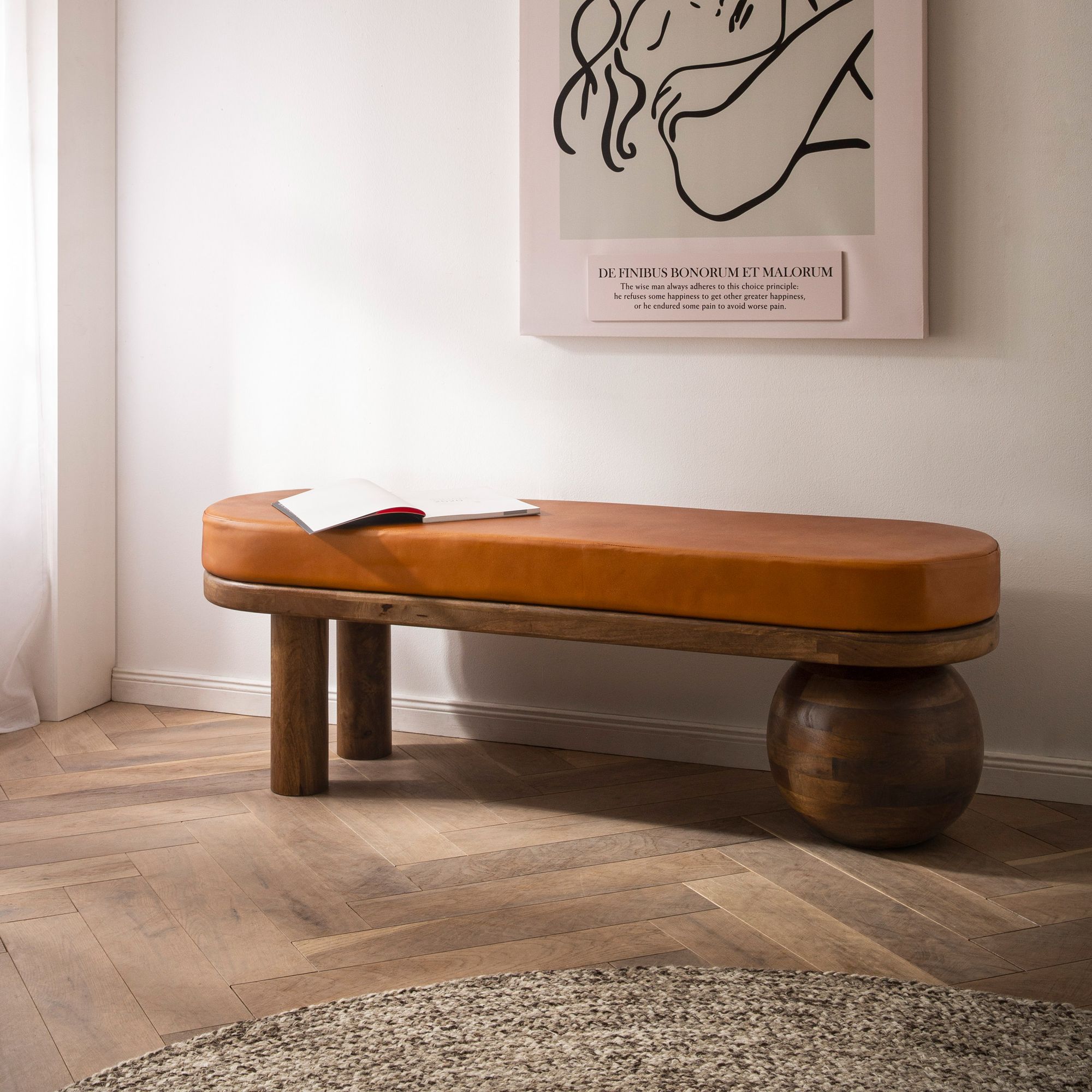 FineBuy gepolsterte Sitzbank 140 cm Massivholz Echtleder - Design Bank für Garderobe Schlafzimmer & Wohnzimmer - Ausgefallene Garderobenbank Handmade | Farbe: Braun