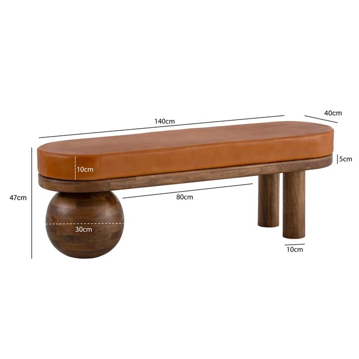 Sitzbank FineBuy Flurbank Echtleder Holz Massiv 140 cm Polsterbank Bank Braun – Maßzeichnung