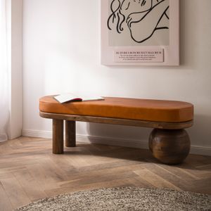 FineBuy Sitzbank Ziegenleder Mango Massivholz Bank 140x47x40 cm Modern, Flur Polsterbank Ausgefallen, Gepolsterte Lederbank Braun, Kleine Bettbank Flurbank