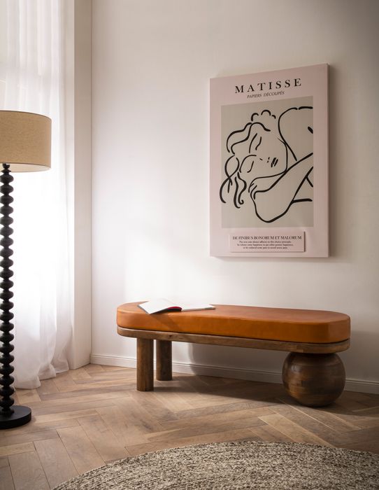 FineBuy Sitzbank Ziegenleder Mango Massivholz Bank 140x47x40 cm Modern, Flur Polsterbank Ausgefallen, Gepolsterte Lederbank Braun, Kleine Bettbank Flurbank