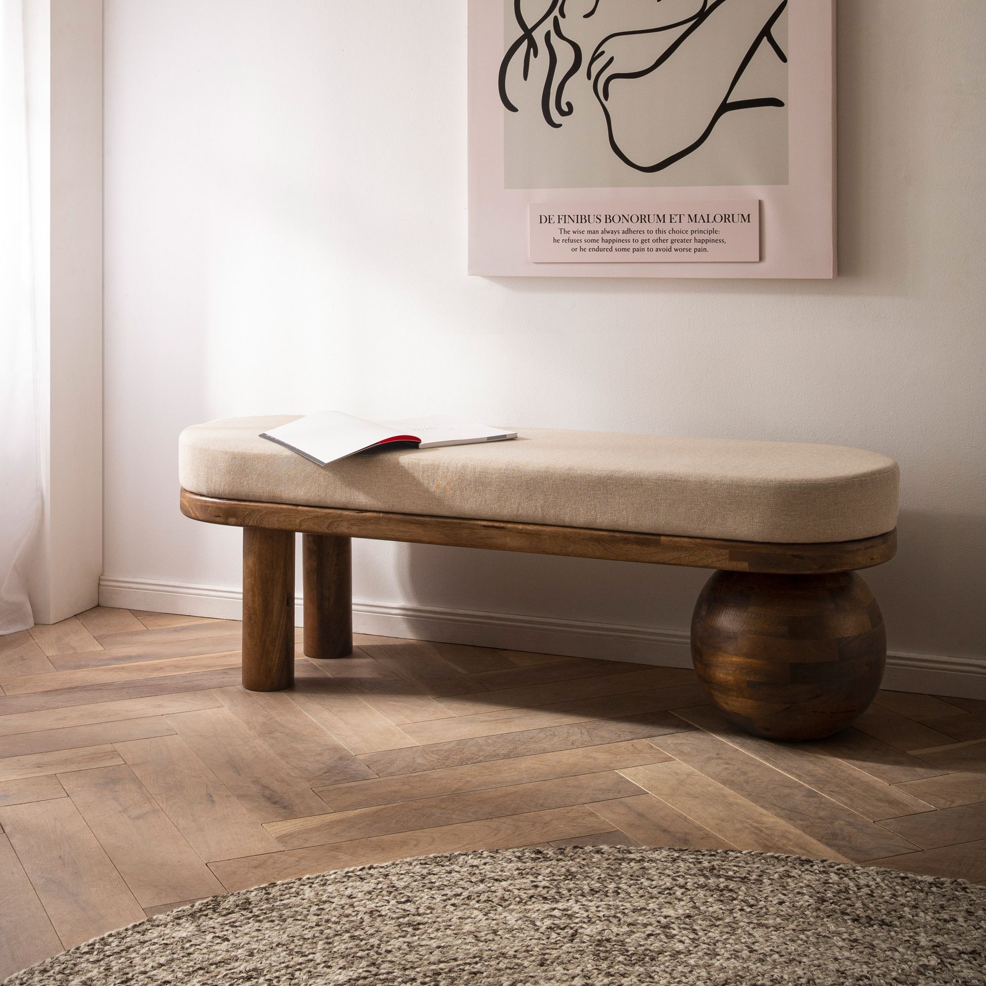 FineBuy gepolsterte Sitzbank 140 cm Massivholz Stoff - Design Bank für Garderobe Schlafzimmer & Wohnzimmer - Ausgefallene Garderobenbank Handmade | Farbe: Beige