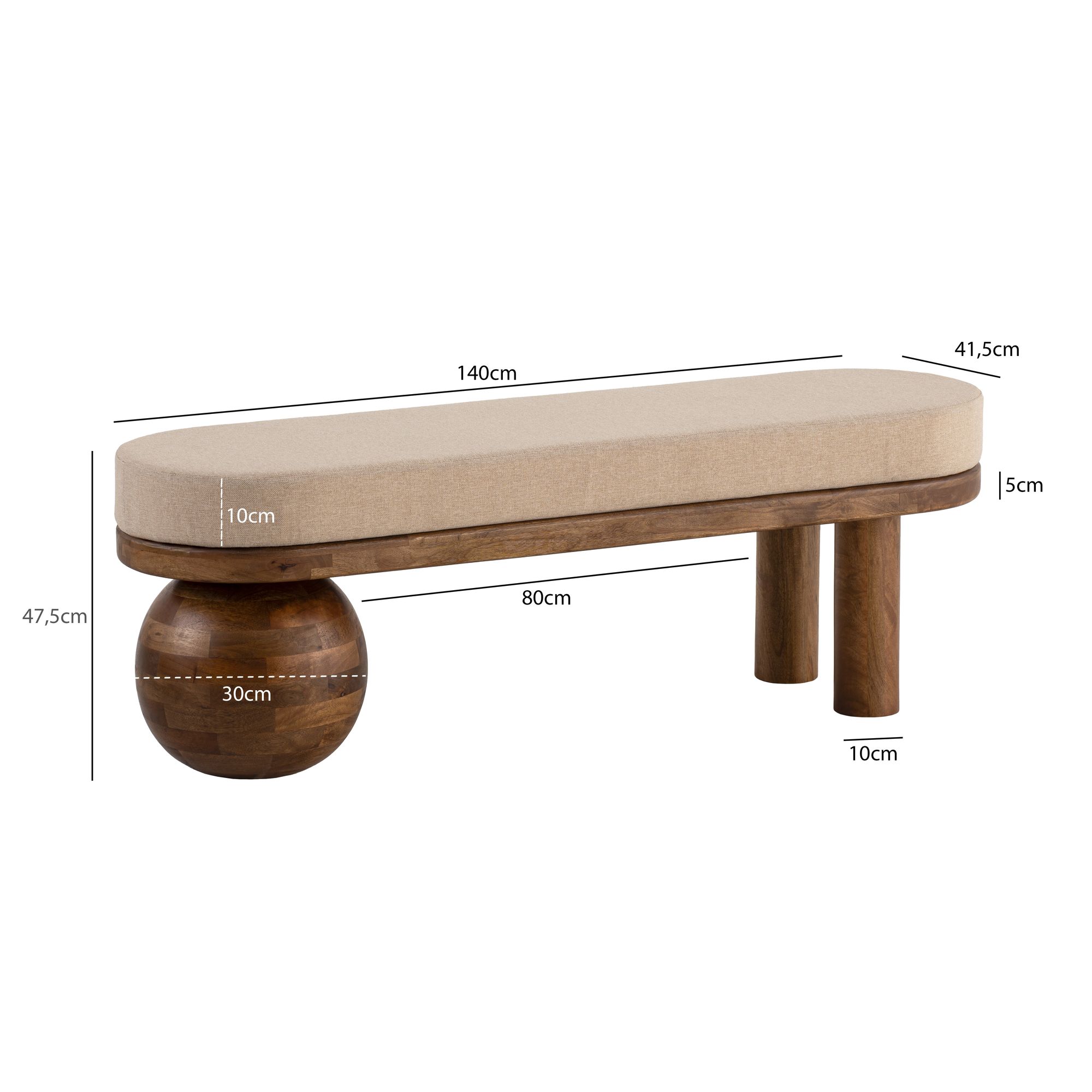 FineBuy gepolsterte Sitzbank 140 cm Massivholz Stoff - Design Bank für Garderobe Schlafzimmer & Wohnzimmer - Ausgefallene Garderobenbank Handmade | Farbe: Beige