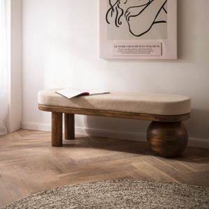 FineBuy Sitzbank Stoff Mango Massivholz Bank 140x47,5x41,5 cm Modern, Flur Polsterbank Ausgefallen, Gepolsterte Stoffbank Beige, Kleine Bettbank Flurbank