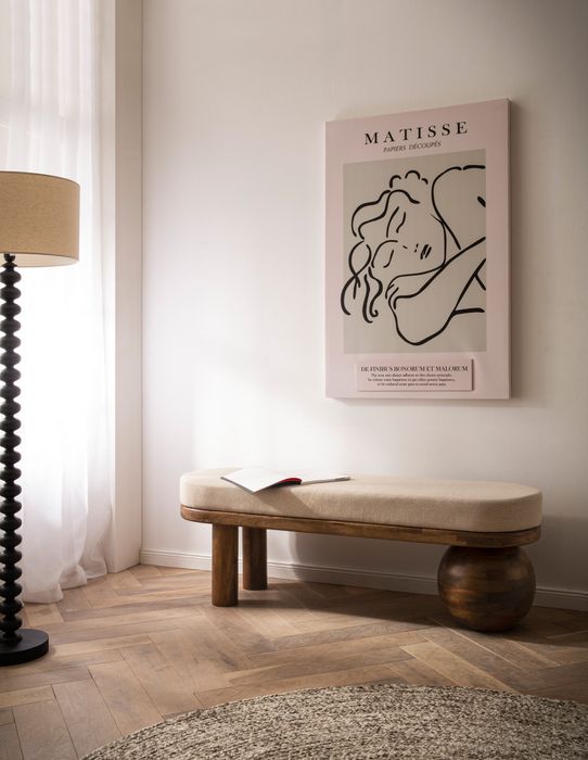 FineBuy Sitzbank Stoff Mango Massivholz Bank 140x47,5x41,5 cm Modern, Flur Polsterbank Ausgefallen, Gepolsterte Stoffbank Beige, Kleine Bettbank Flurbank