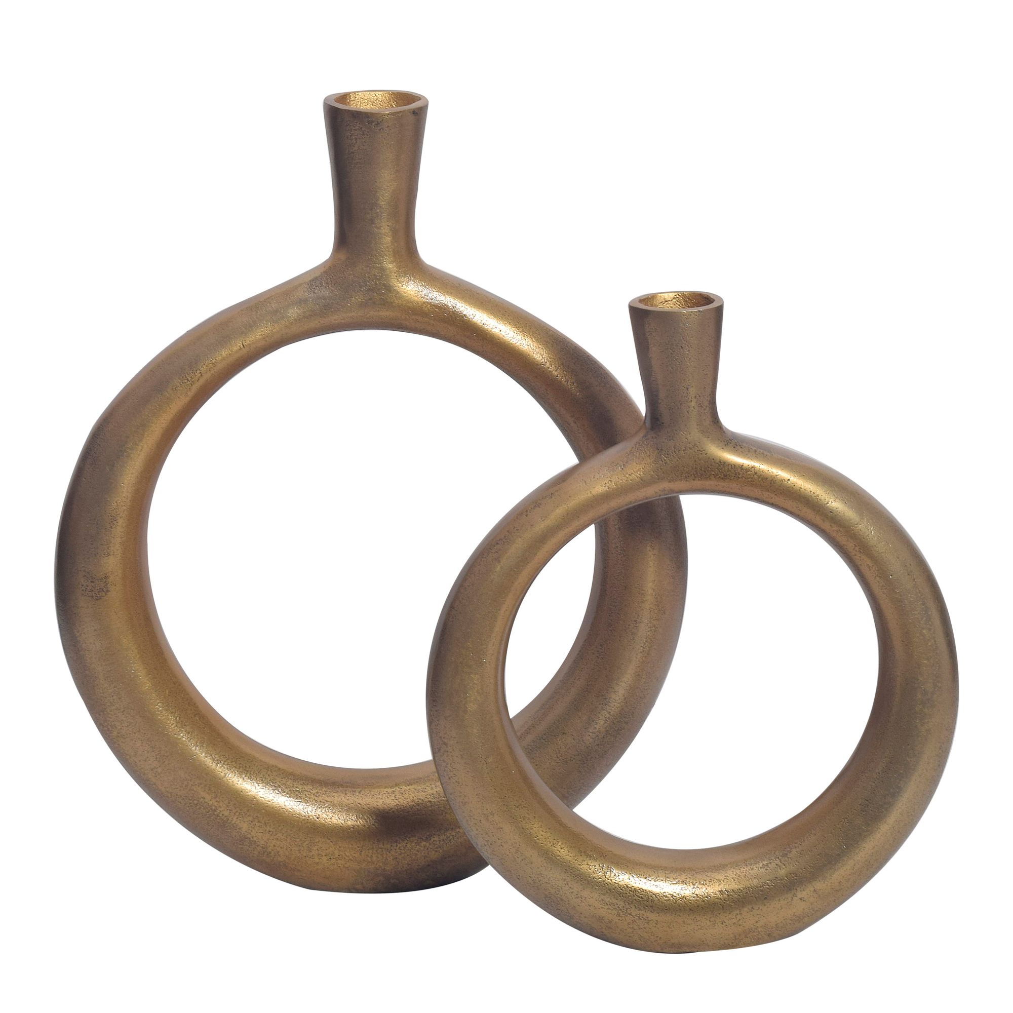 FineBuy Deko Vase 2er Set Aluminium Donut Blumenvase Modern, Dekovase Rund 2-teilig für Blumen, Alu Tischvase Wohndeko Tischdeko Handgefertigt | Farbe: Gold