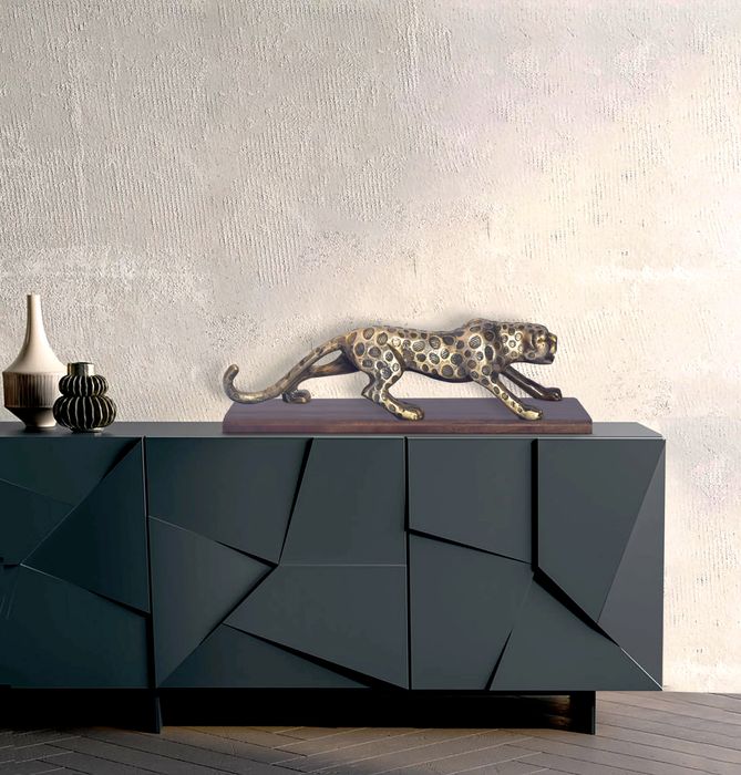 FineBuy Dekofigur Panther Aluminium Gold 63 cm mit Massivholz-Sockel, Design Metall Deko Alu Modern, Tischdeko Raubkatze, Wohndeko Aluminiumdekoration, Dekoration Wohnaccessoire