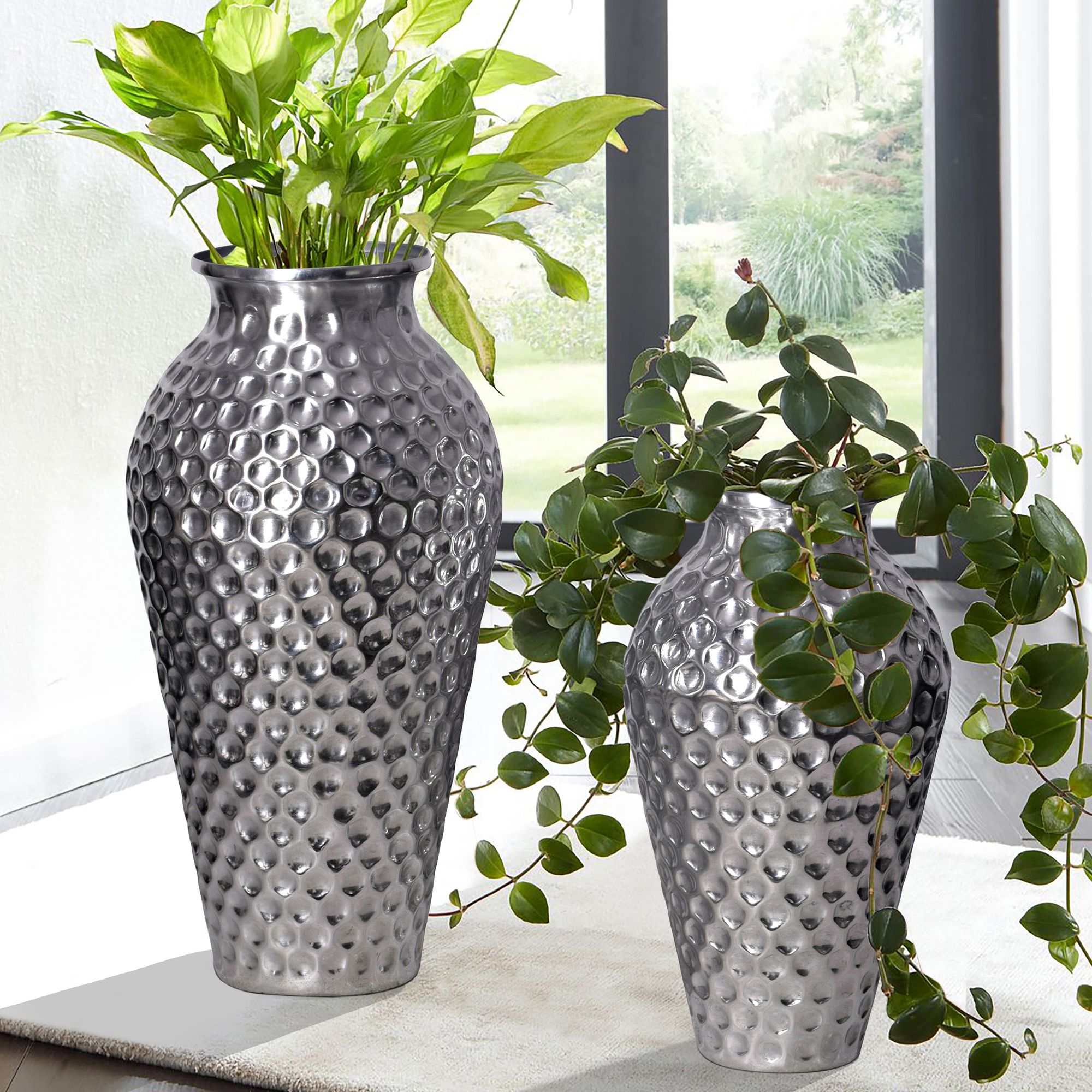 FineBuy Deko Vase 2er Set Aluminium Amphore Blumenvase Modern, Dekovase Rund 2-teilig für Blumen, Alu Tischvase Wohndeko Metall Tischdeko Handgefertigt | Farbe: Silber