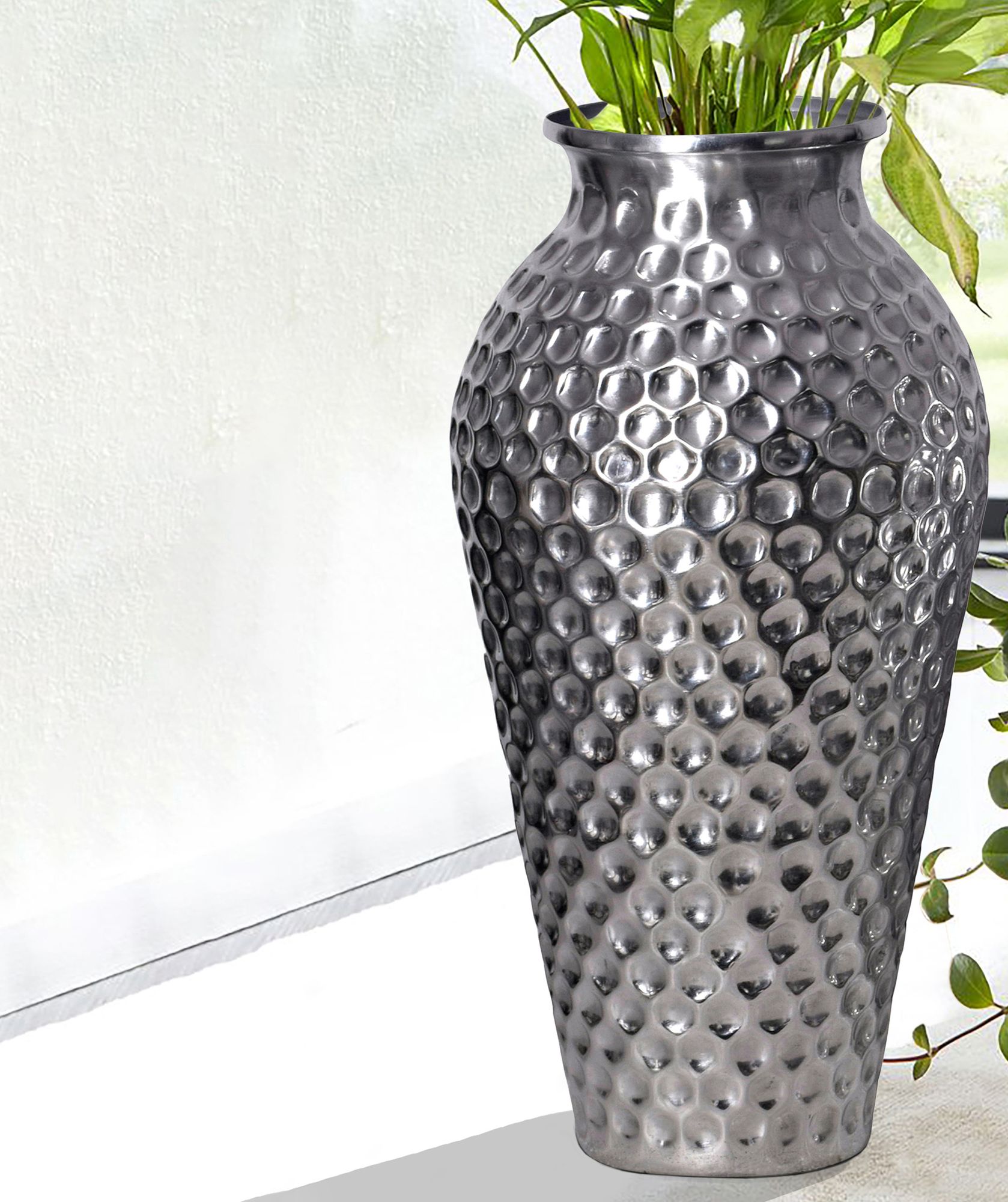 FineBuy Deko Vase 2er Set Aluminium Amphore Blumenvase Modern, Dekovase Rund 2-teilig für Blumen, Alu Tischvase Wohndeko Metall Tischdeko Handgefertigt | Farbe: Silber