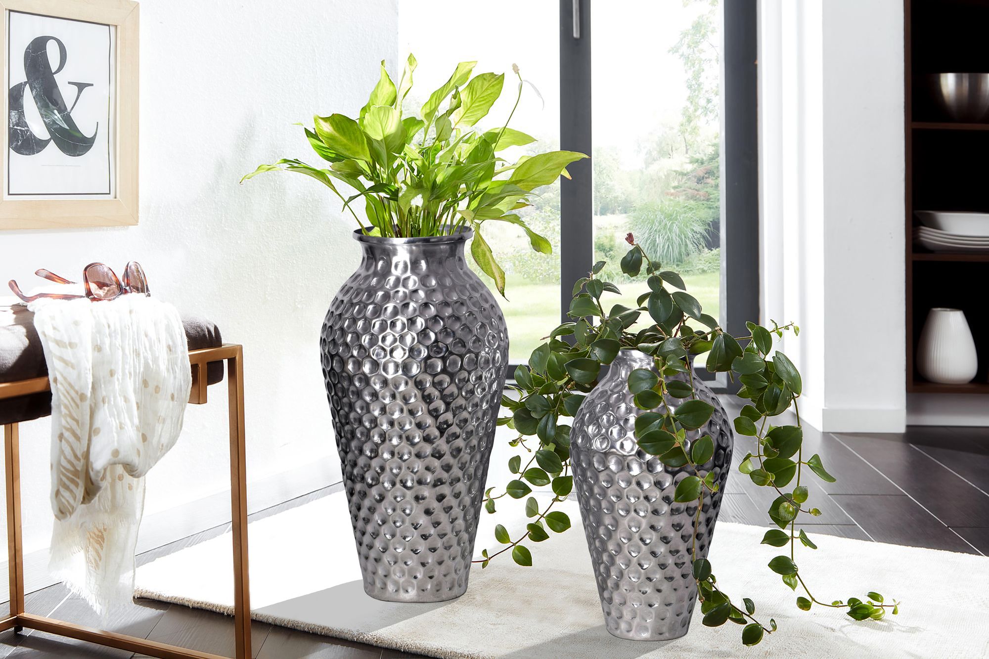 FineBuy Deko Vase 2er Set Aluminium Amphore Blumenvase Modern, Dekovase Rund 2-teilig für Blumen, Alu Tischvase Wohndeko Metall Tischdeko Handgefertigt | Farbe: Silber