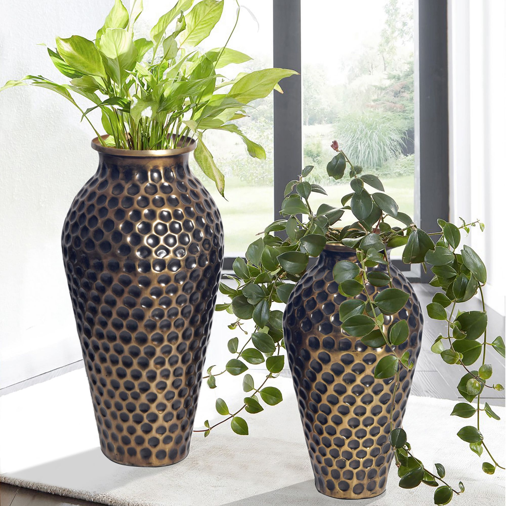 FineBuy Deko Vase 2er Set Aluminium Amphore Blumenvase Modern, Dekovase Rund 2-teilig für Blumen, Alu Tischvase Wohndeko Metall Tischdeko Handgefertigt | Farbe: Silber