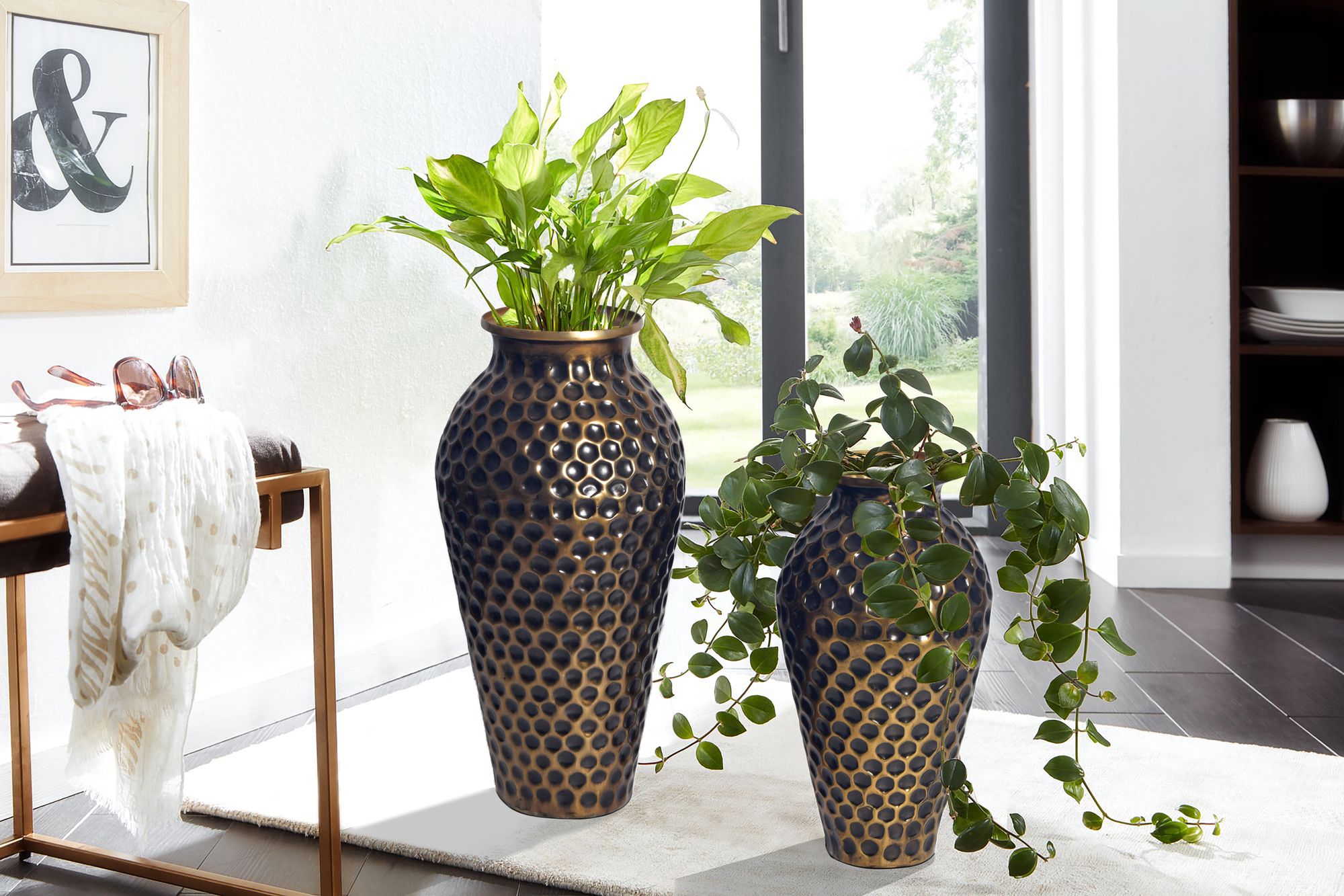 FineBuy Deko Vase 2er Set Aluminium Amphore Blumenvase Modern, Dekovase Rund 2-teilig für Blumen, Alu Tischvase Wohndeko Metall Tischdeko Handgefertigt | Farbe: Silber