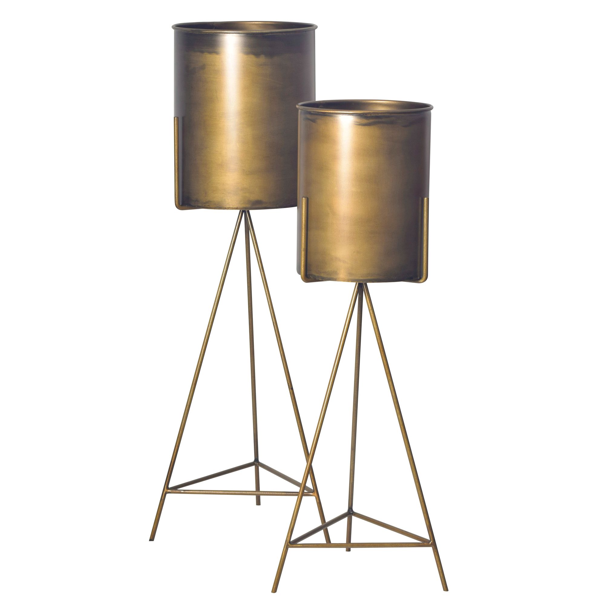 FineBuy Blumentopf 2er Set Metall Pflanzkübel Gold mit Gestell, Design Eisen-Pflanzenkübel Rund, Blumenkübel Pflanzgefäß Indoor Hoch | Farbe: Gold