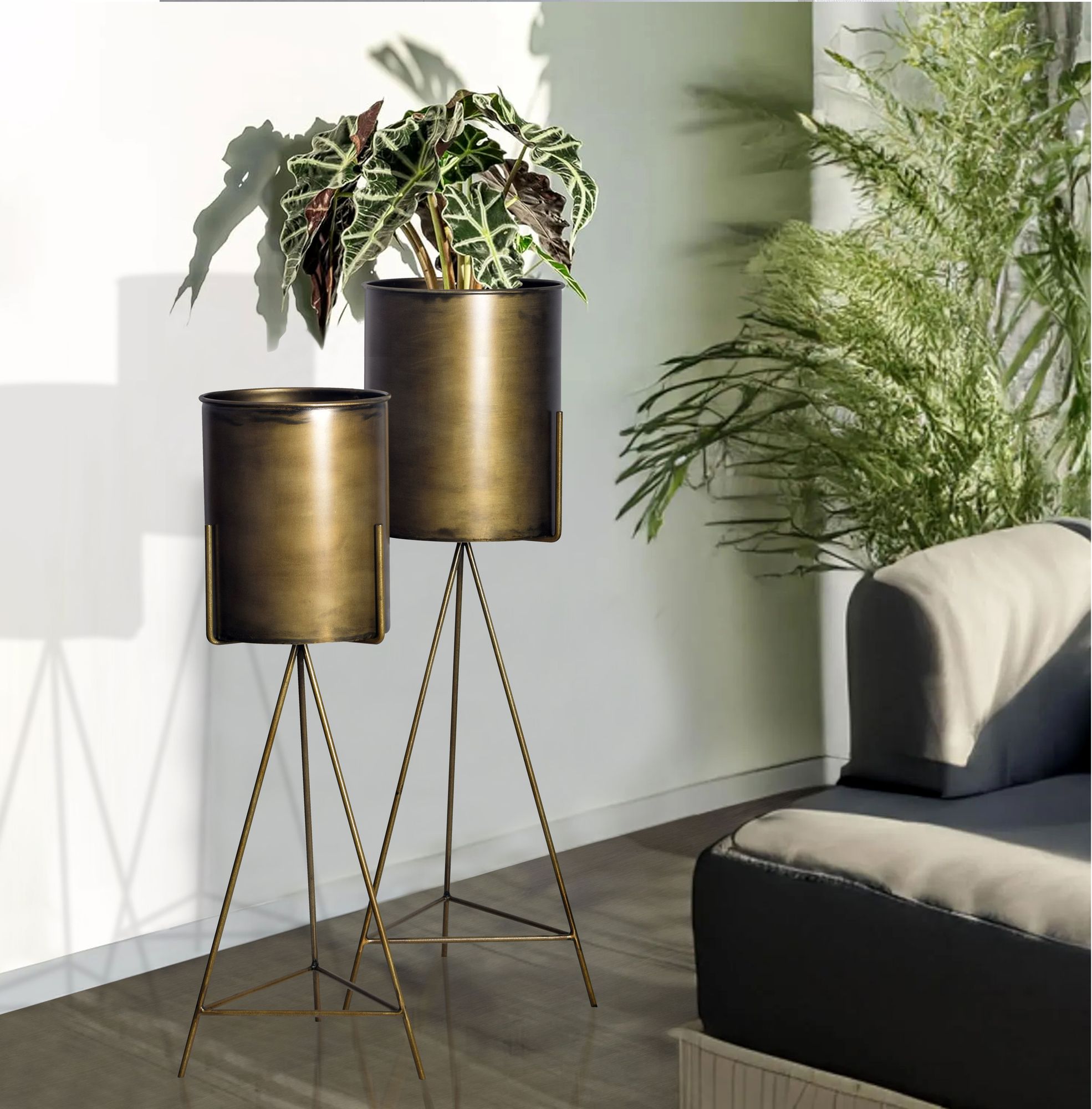 FineBuy Blumentopf 2er Set Metall Pflanzkübel Gold mit Gestell, Design Eisen-Pflanzenkübel Rund, Blumenkübel Pflanzgefäß Indoor Hoch | Farbe: Gold