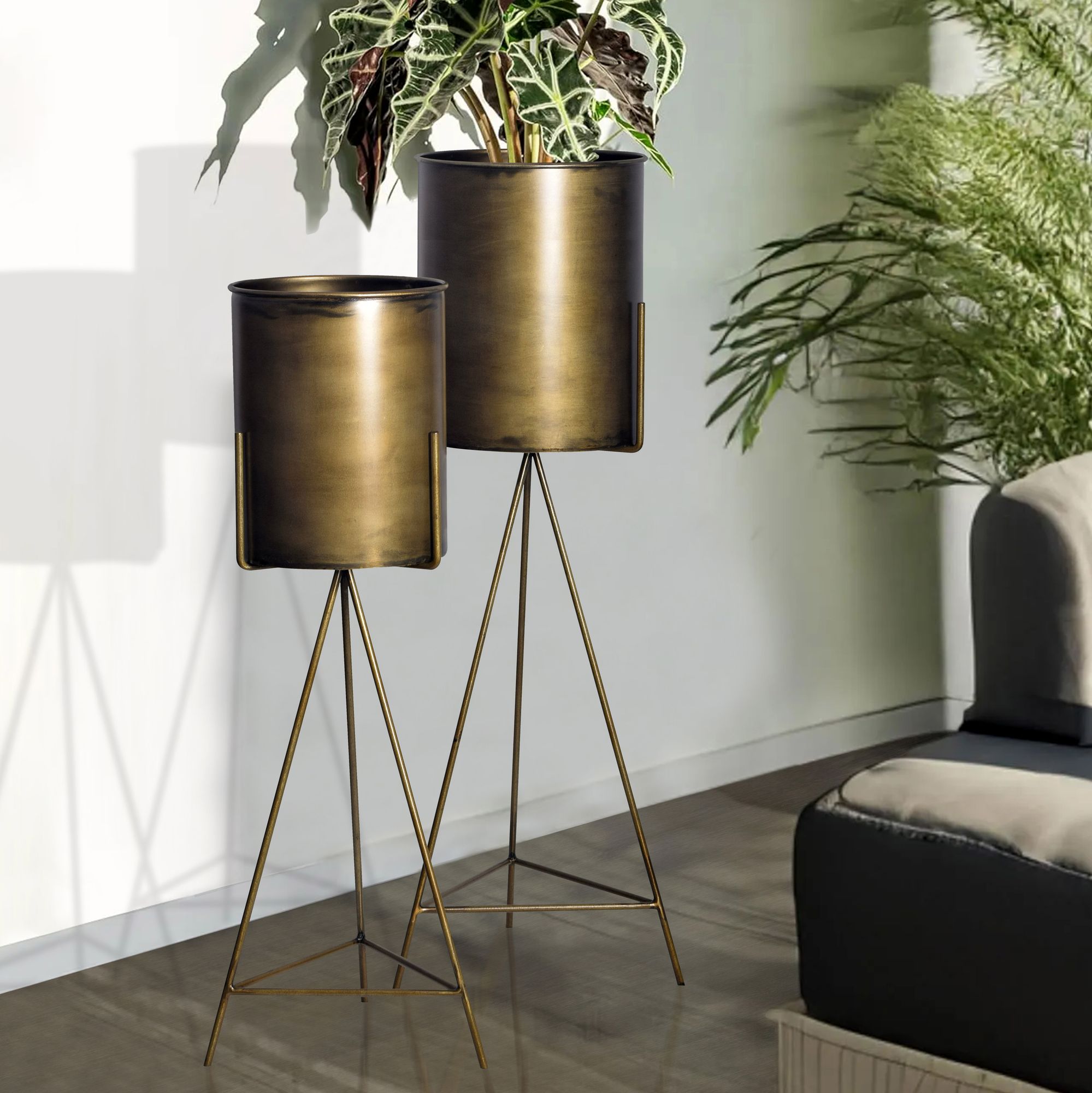 FineBuy Blumentopf 2er Set Metall Pflanzkübel Gold mit Gestell, Design Eisen-Pflanzenkübel Rund, Blumenkübel Pflanzgefäß Indoor Hoch | Farbe: Gold