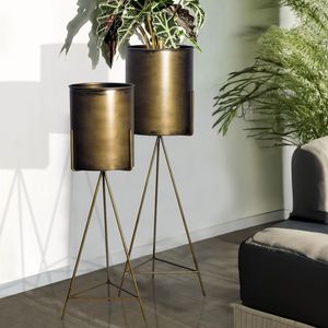 FB108707 FineBuy Blumentopf 2er Set Metall Pflanzkübel Gold mit Gestell, Design Eisen-Pflanzenkübel Rund, Blumenkübel Pflanzgefäß Indoor Hoch