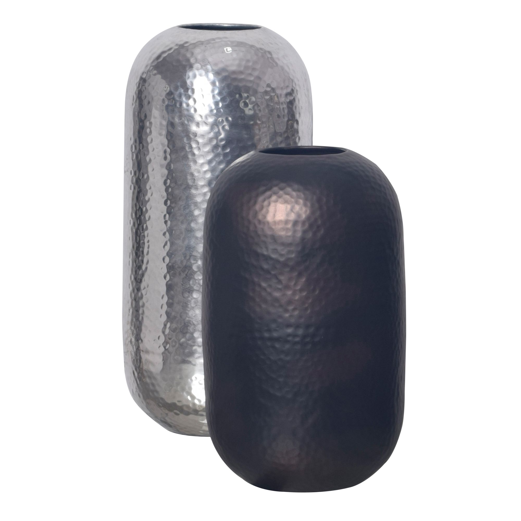 FineBuy Deko Vase 2er Set Aluminium Silber Schwarz-Bronze Blumenvase Modern, Dekovase Hammerschlag Rund 2-teilig Metall für Blumen, Alu Tischvase Zylinder Wohndeko Tischdeko Handgefertigt | Farbe: Silber