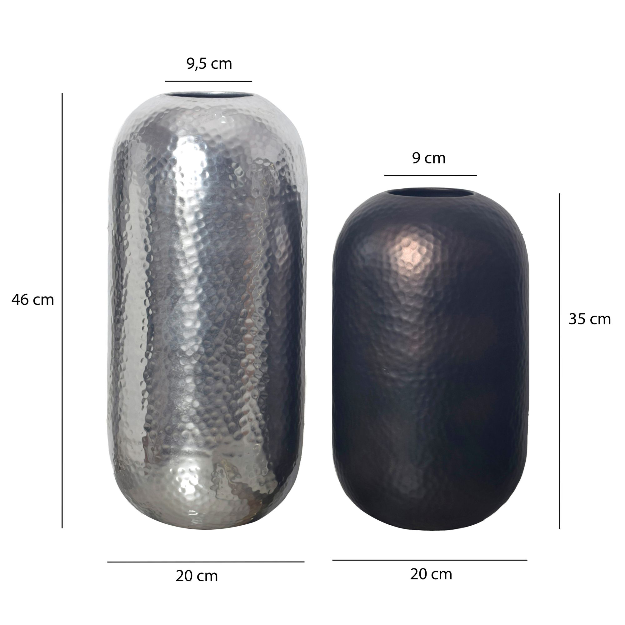 FineBuy Deko Vase 2er Set Aluminium Silber Schwarz-Bronze Blumenvase Modern, Dekovase Hammerschlag Rund 2-teilig Metall für Blumen, Alu Tischvase Zylinder Wohndeko Tischdeko Handgefertigt | Farbe: Silber