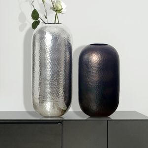 FB108716 FineBuy Deko Vase 2er Set Aluminium Silber Schwarz-Bronze Blumenvase Modern, Dekovase Hammerschlag Rund 2-teilig Metall für Blumen, Alu Tischvase Zylinder Wohndeko Tischdeko Handgefertigt