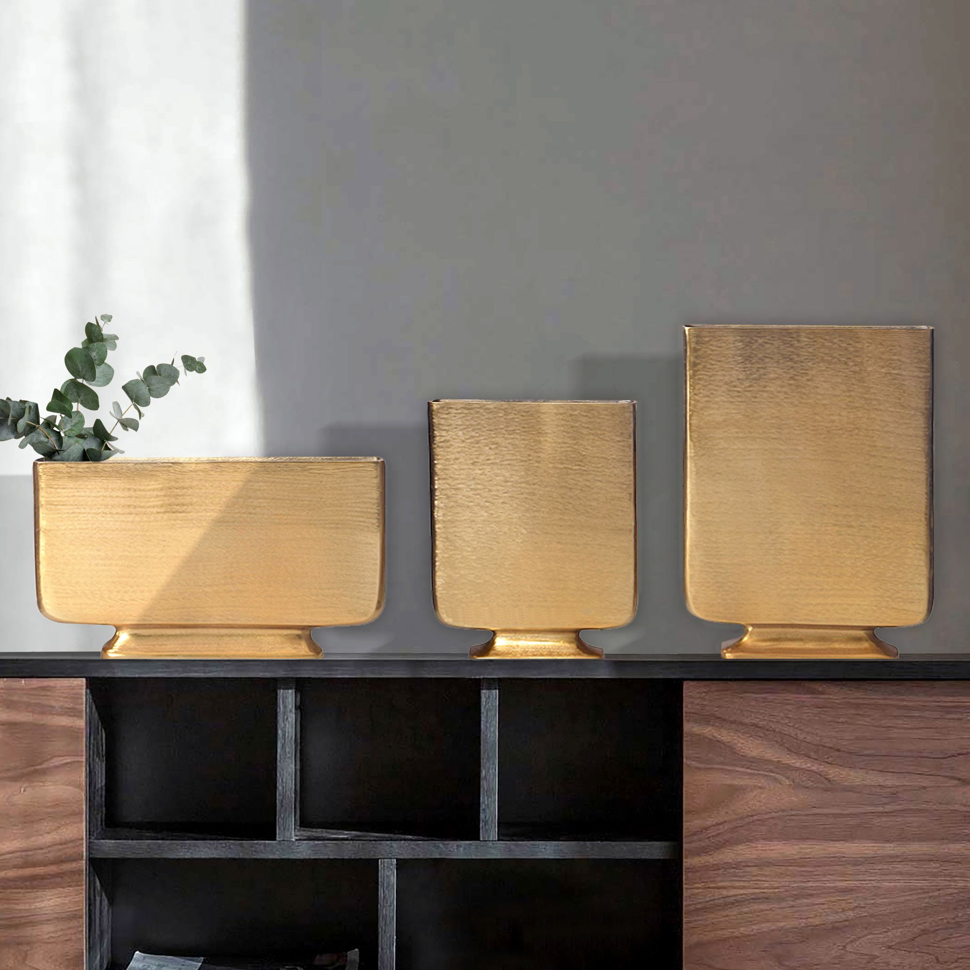 FineBuy Deko Vase 3er Set Aluminium Blumenvase Modern, Dekovase Eckig 3-teilig für Blumen, Alu Tischvase Wohndeko Metall Tischdeko Handgefertigt | Farbe: Silber