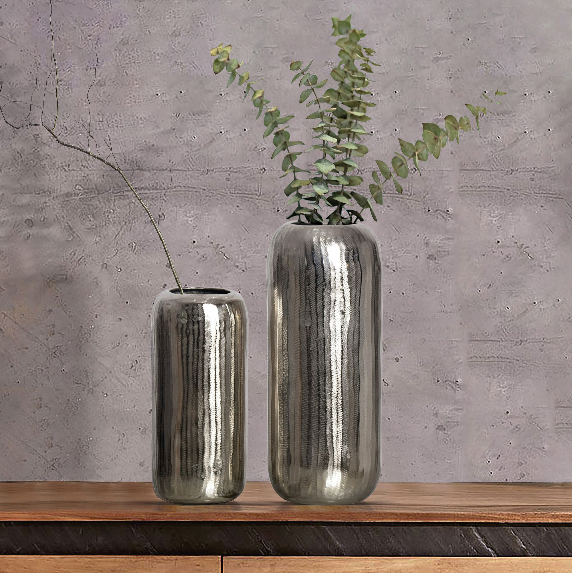FineBuy Deko Vase 2er Set Aluminium Zylinder Blumenvase Modern, Dekovase Rund 2-teilig für Blumen, Alu Tischvase Wohndeko Metall Tischdeko Handgefertigt | Farbe: Silber