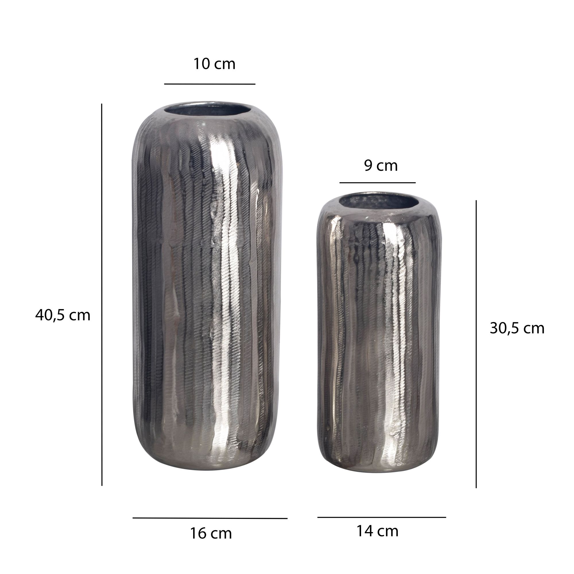 FineBuy Deko Vase 2er Set Aluminium Zylinder Blumenvase Modern, Dekovase Rund 2-teilig für Blumen, Alu Tischvase Wohndeko Metall Tischdeko Handgefertigt | Farbe: Silber