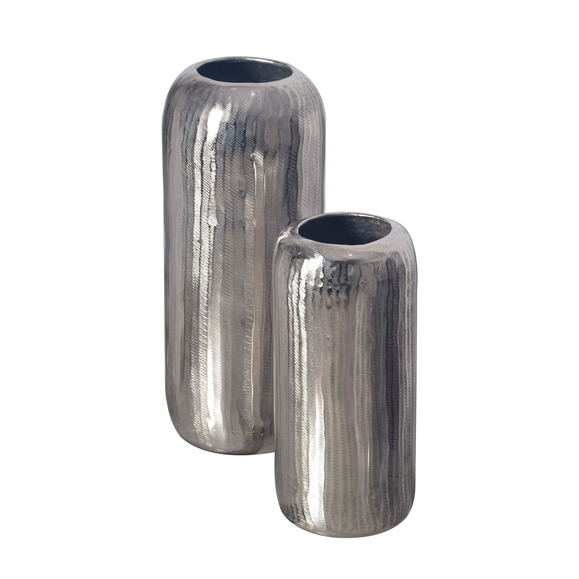 FineBuy Deko Vase 2er Set Aluminium Zylinder Blumenvase Modern, Dekovase Rund 2-teilig für Blumen, Alu Tischvase Wohndeko Metall Tischdeko Handgefertigt | Farbe: Silber