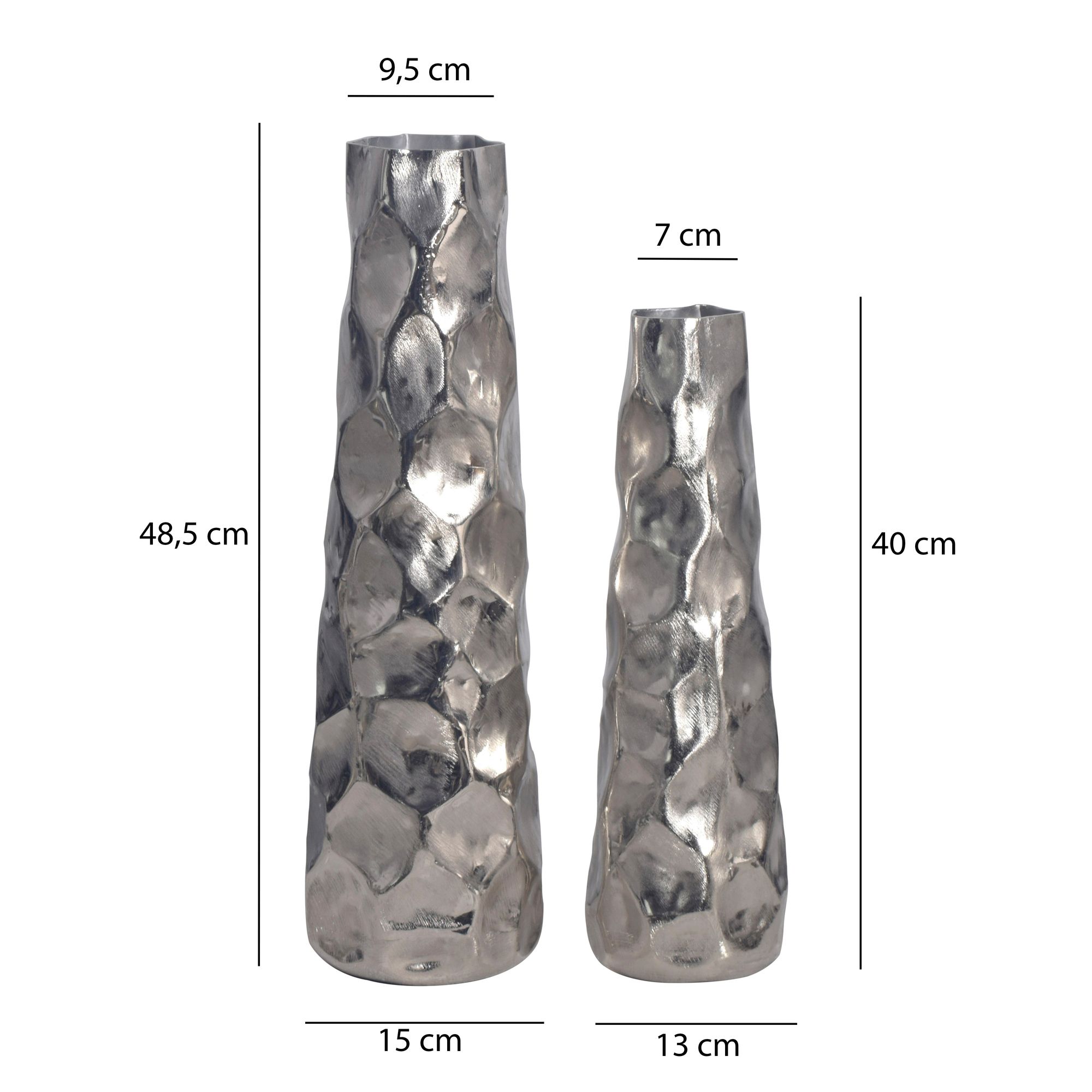 FineBuy Deko Vase 2er Set Aluminium Blumenvase Modern, Dekovase Hammerschlag-Design 2-teilig für Blumen, Alu Tischvase Wohndeko Metall Tischdeko Handgefertigt | Farbe: Silber