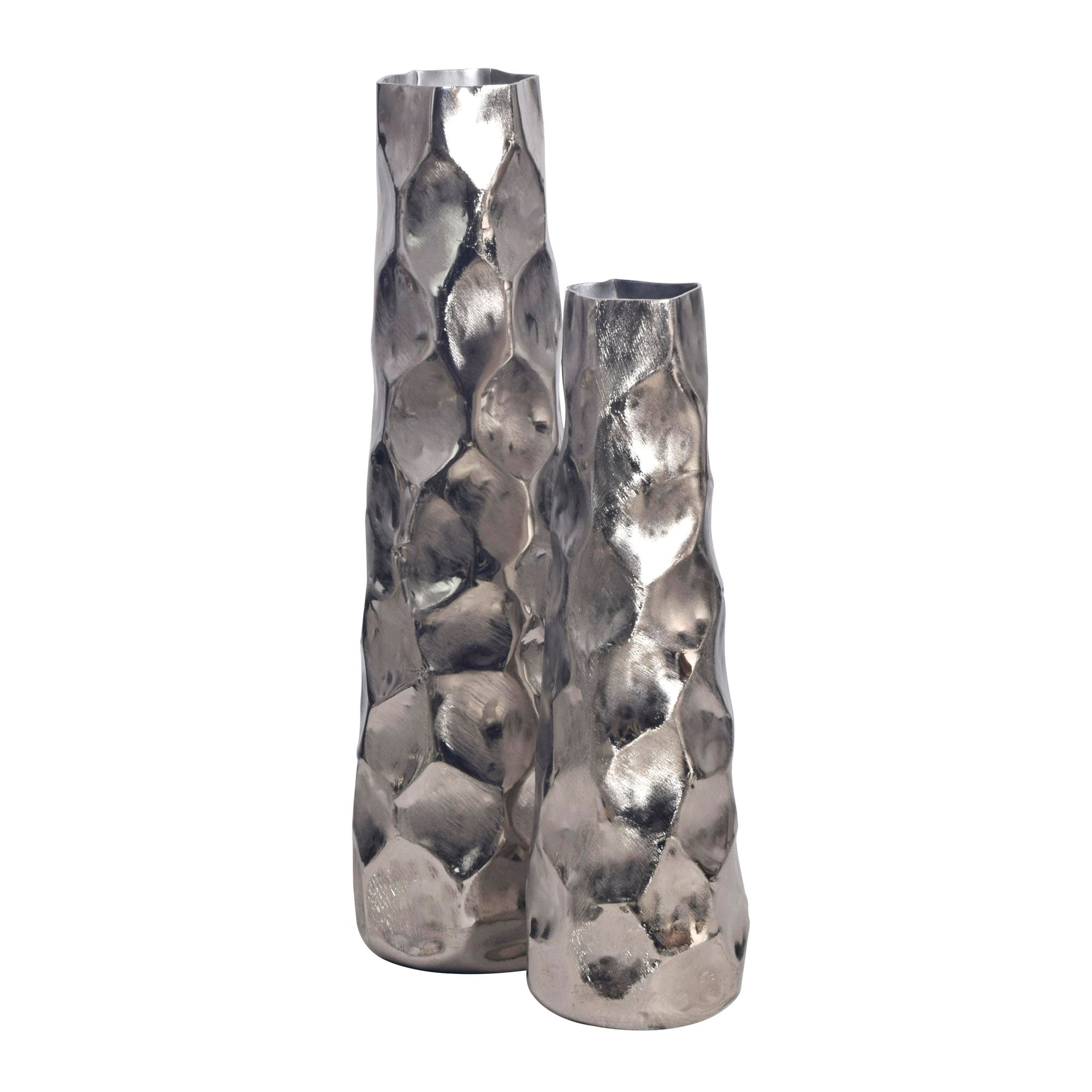 FineBuy Deko Vase 2er Set Aluminium Blumenvase Modern, Dekovase Hammerschlag-Design 2-teilig für Blumen, Alu Tischvase Wohndeko Metall Tischdeko Handgefertigt | Farbe: Silber