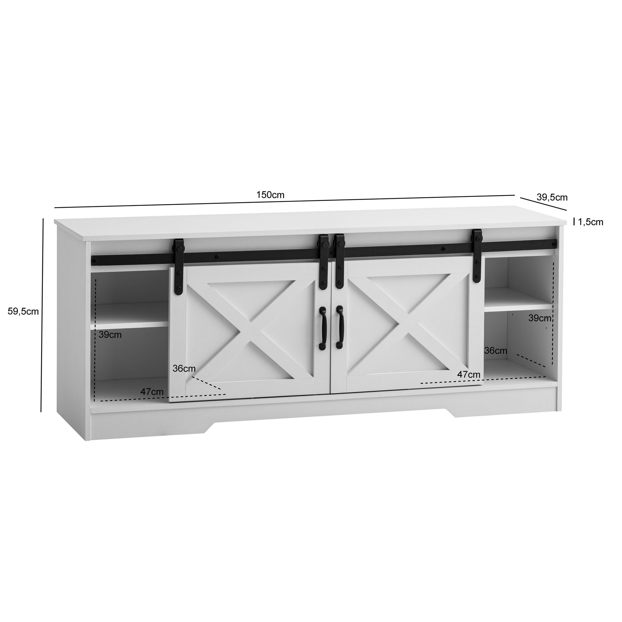 FineBuy Lowboard Weiß 150x59,5x39,5 cm TV-Kommode Landhaus-Stil Modern, Design TV-Schrank Hoch, Fernsehtisch Fernsehschrank mit zwei Schiebe-Türen, Fernsehkommode Wohnzimmer | Farbe: Weiß