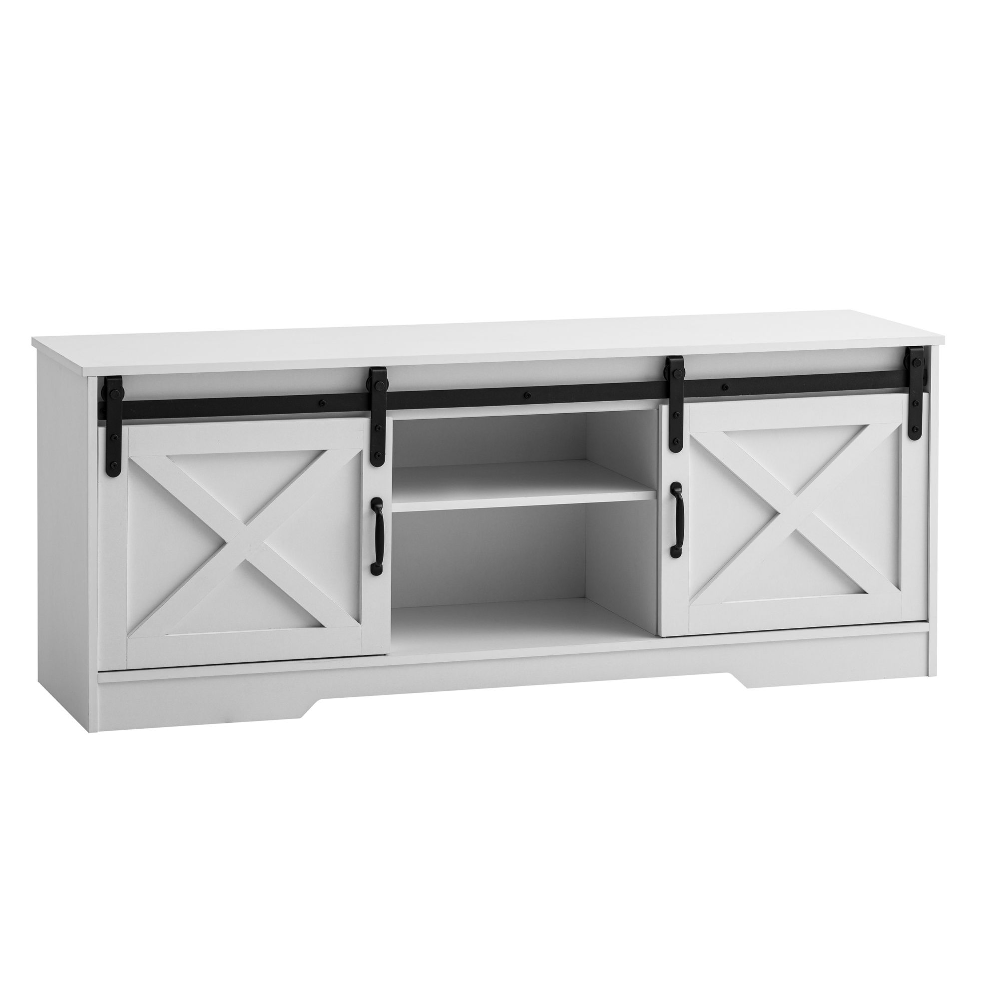 FineBuy Lowboard Weiß 150x59,5x39,5 cm TV-Kommode Landhaus-Stil Modern, Design TV-Schrank Hoch, Fernsehtisch Fernsehschrank mit zwei Schiebe-Türen, Fernsehkommode Wohnzimmer | Farbe: Weiß
