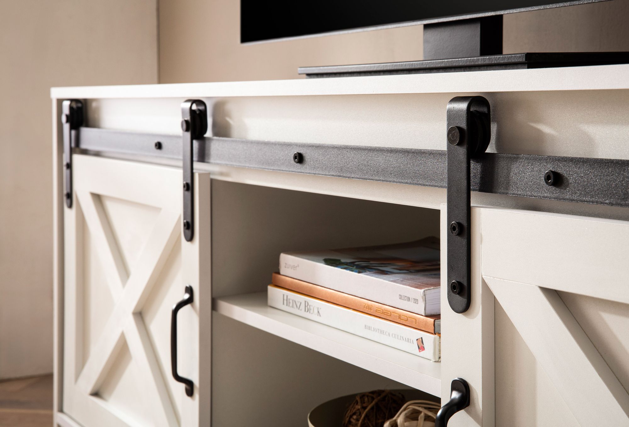 FineBuy Lowboard Weiß 150x59,5x39,5 cm TV-Kommode Landhaus-Stil Modern, Design TV-Schrank Hoch, Fernsehtisch Fernsehschrank mit zwei Schiebe-Türen, Fernsehkommode Wohnzimmer | Farbe: Weiß