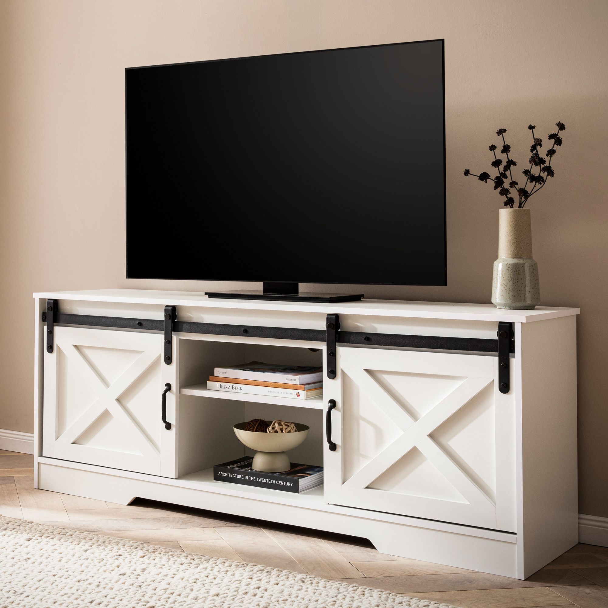 FineBuy Lowboard Weiß 150x59,5x39,5 cm TV-Kommode Landhaus-Stil Modern, Design TV-Schrank Hoch, Fernsehtisch Fernsehschrank mit zwei Schiebe-Türen, Fernsehkommode Wohnzimmer | Farbe: Weiß