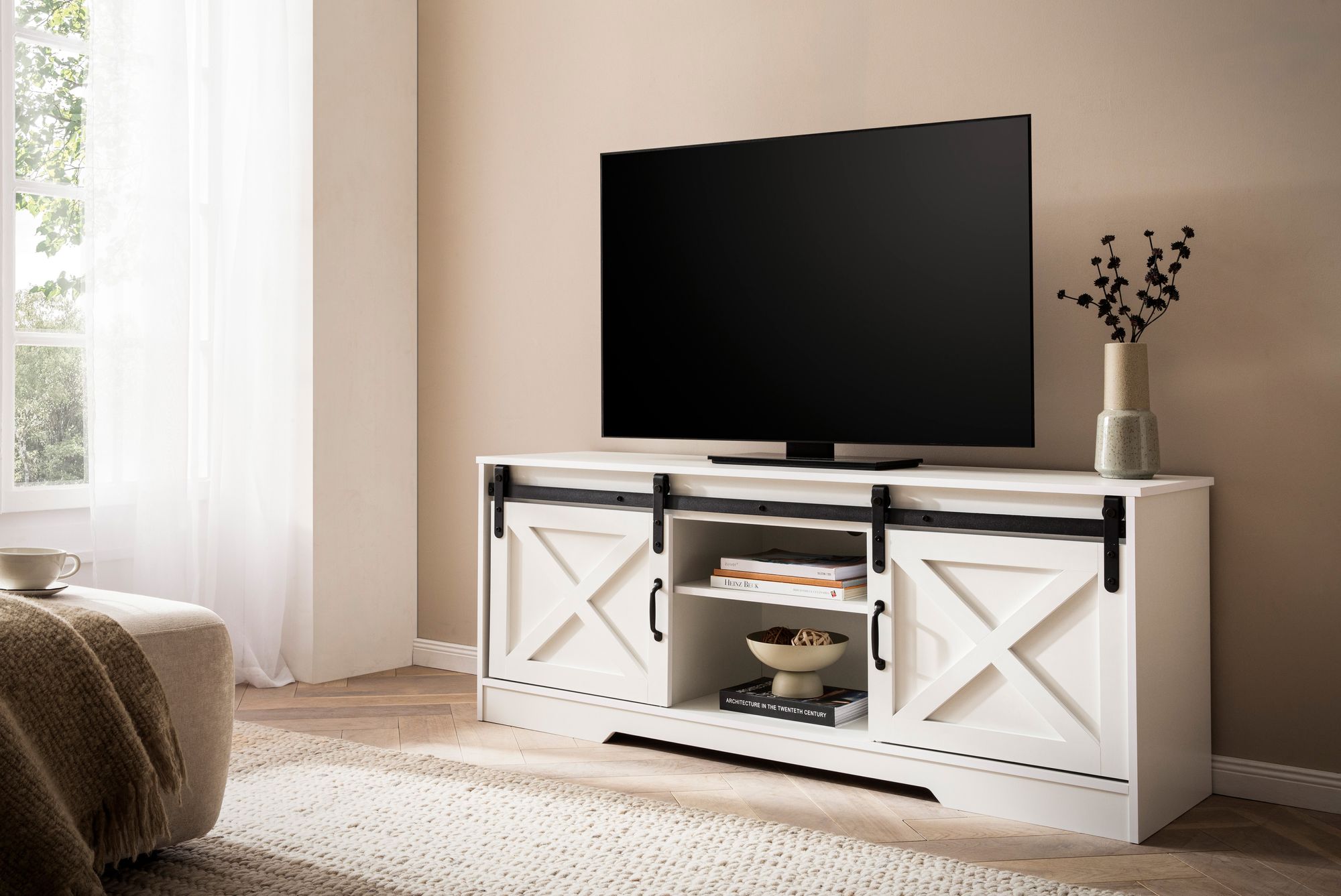 FineBuy Lowboard Weiß 150x59,5x39,5 cm TV-Kommode Landhaus-Stil Modern, Design TV-Schrank Hoch, Fernsehtisch Fernsehschrank mit zwei Schiebe-Türen, Fernsehkommode Wohnzimmer | Farbe: Weiß