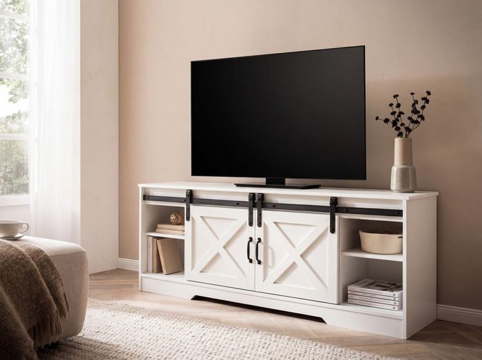 FineBuy Lowboard Weiß 150x59,5x39,5 cm TV-Kommode Landhaus-Stil Modern, Design TV-Schrank Hoch, Fernsehtisch Fernsehschrank mit zwei Schiebe-Türen, Fernsehkommode Wohnzimmer