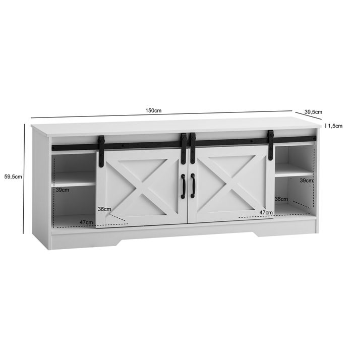 Lowboard FineBuy Fernsehkommode 150 cm TV Schrank Fernsehschrank Weiß Landhaus – Maßzeichnung