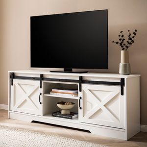 FineBuy Lowboard Weiß 150x59,5x39,5 cm TV-Kommode Landhaus-Stil Modern, Design TV-Schrank Hoch, Fernsehtisch Fernsehschrank mit zwei Schiebe-Türen, Fernsehkommode Wohnzimmer