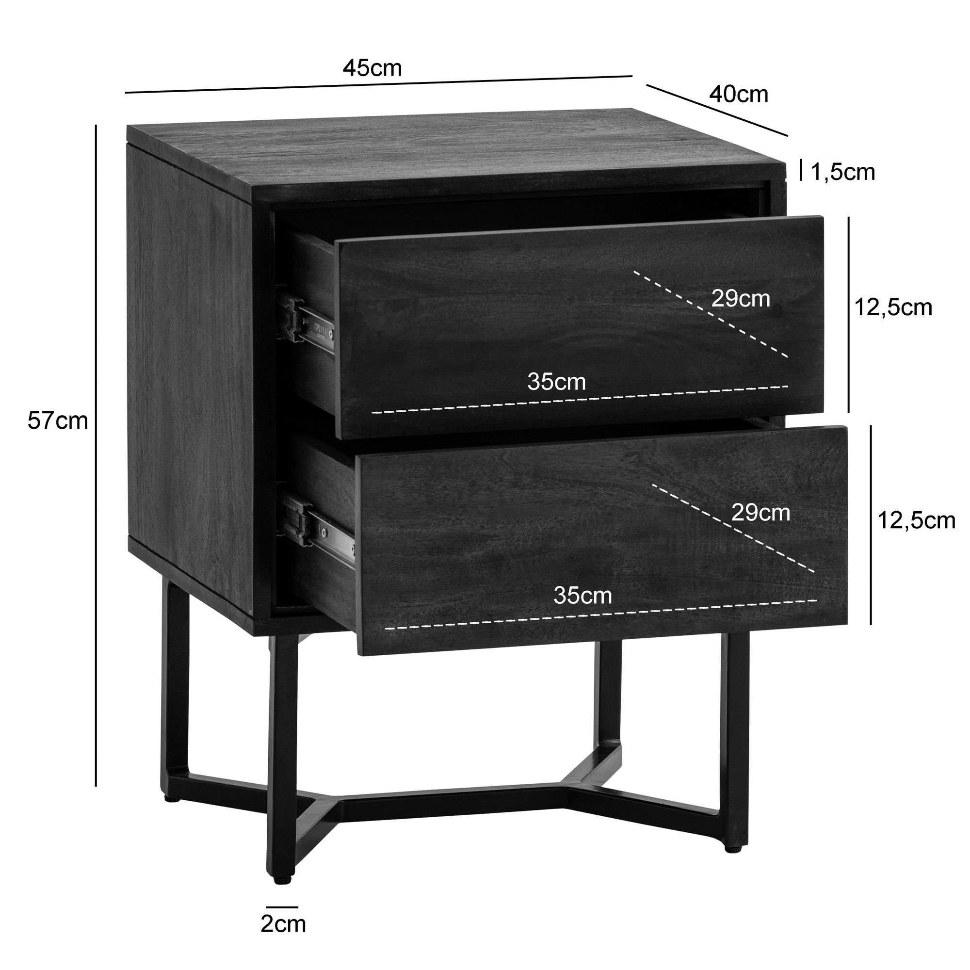 FineBuy Nachttisch Akazie Massivholz Schwarz mit 2 Schubladen & schwarzem Metallgestell – Nachtkommode mit Stauraum modern, Nachtkästchen für Boxspringbett – 45x40x57 cm | Farbe: Schwarz